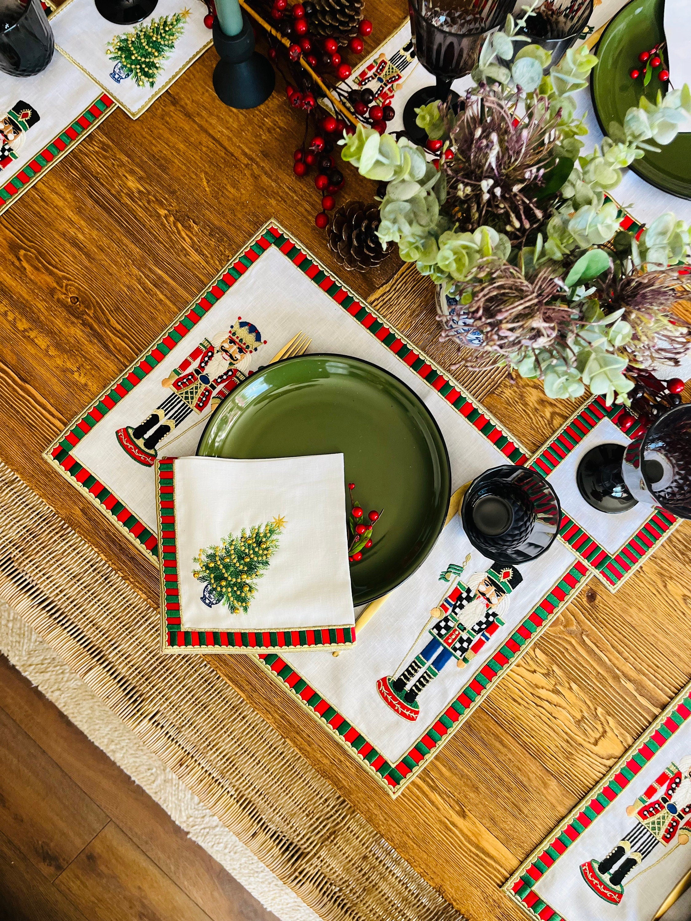 Nutcracker Pattern Linen Placemats | Red & Green Checkered Coasters | Christmas Dining Decor