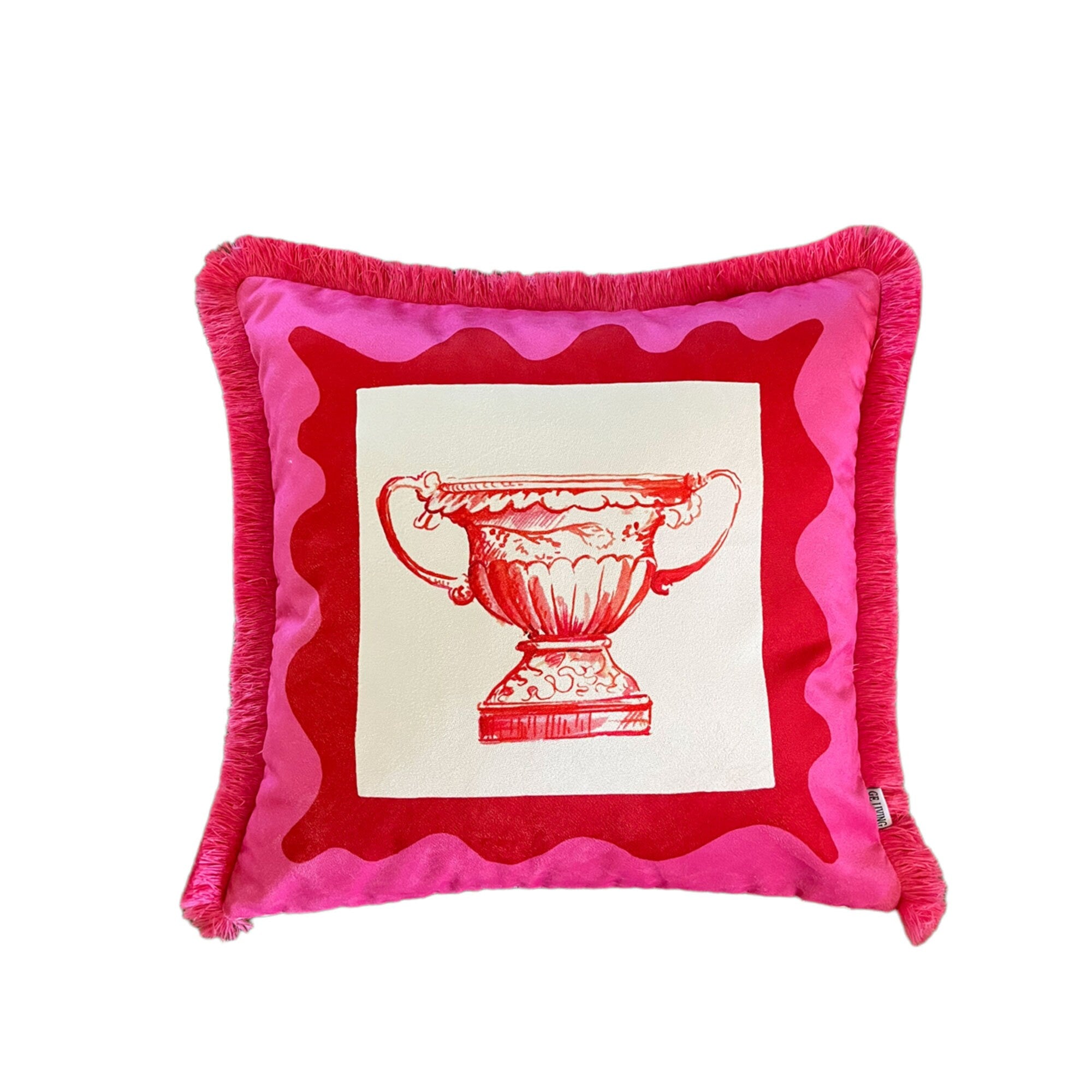 Hot Pink Throw Pillow Cover - Antique Vase Pattern Pink Tassel Velvet Cushion - Double Sided