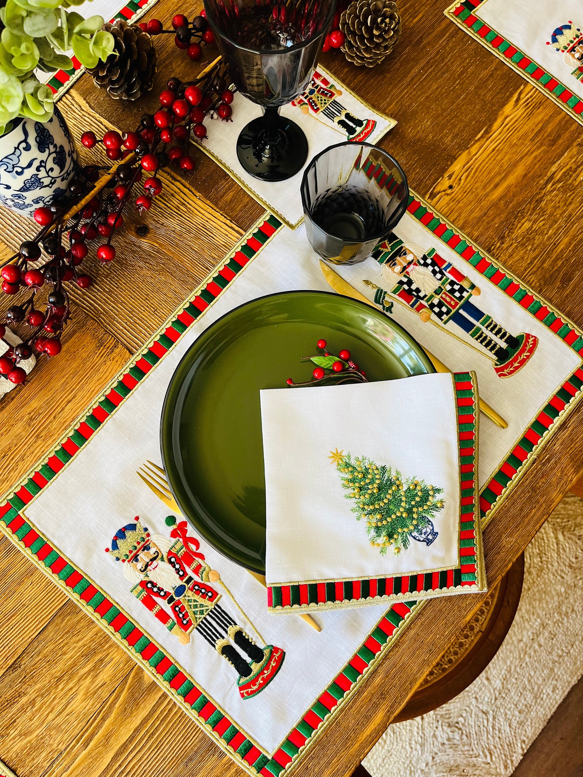 Nutcracker Pattern Linen Placemats | Red & Green Checkered Coasters | Christmas Dining Decor