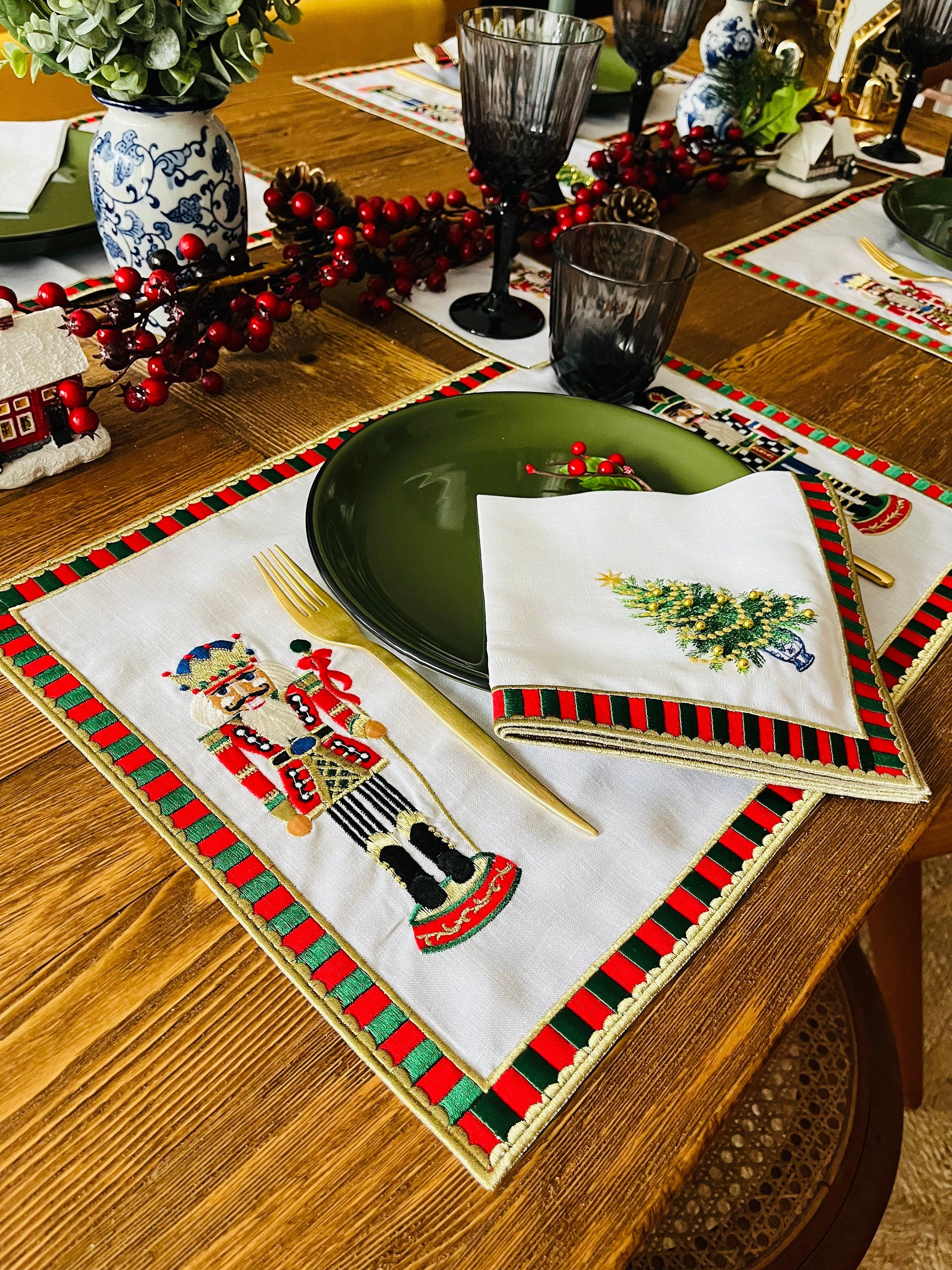 Nutcracker Pattern Linen Placemats | Red & Green Checkered Coasters | Christmas Dining Decor