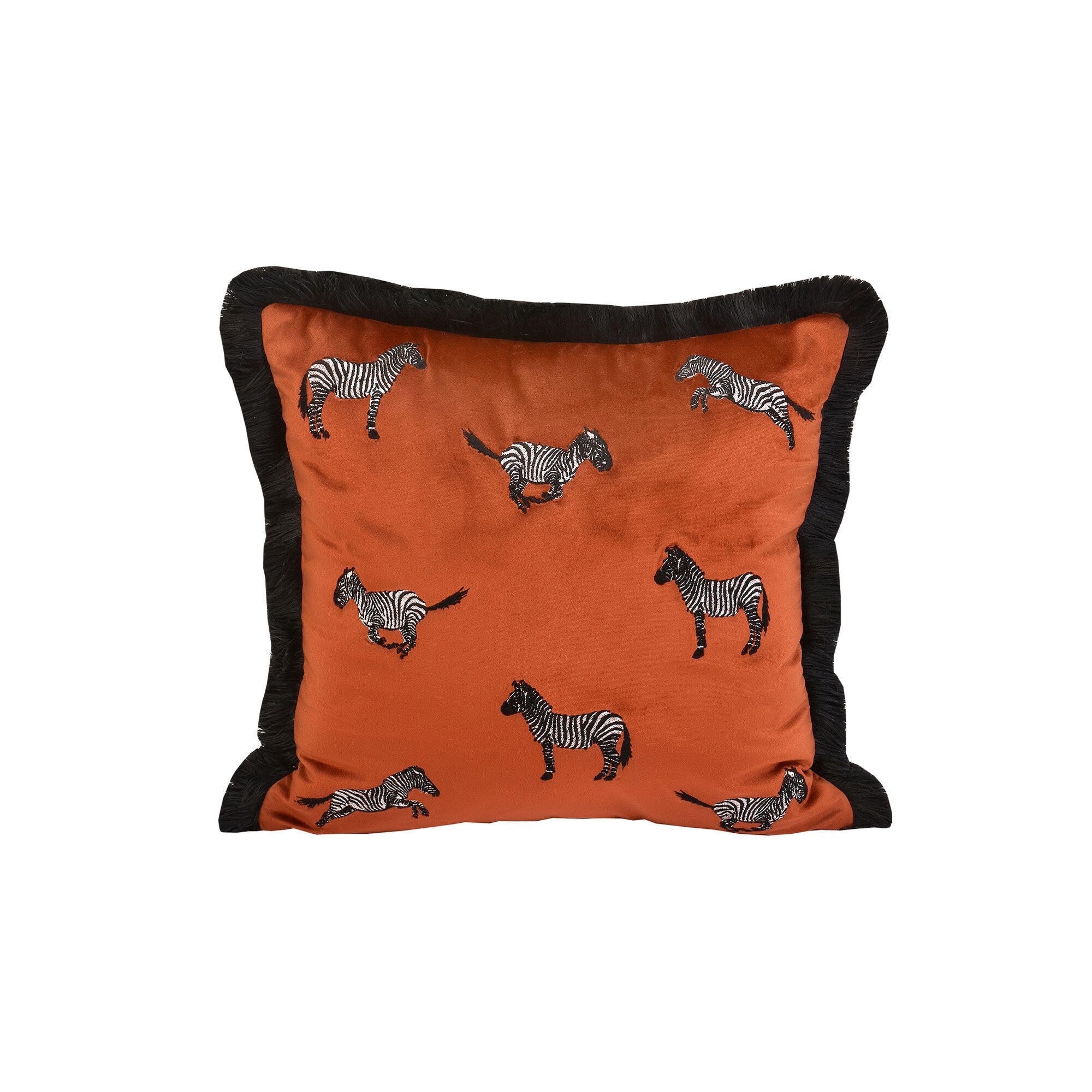 Zebra Print Burnt Orange Pillow Cover | Black Tassel Velvet Throw Pillow | Attractive Boho Home Decor Cushion Cover | Animal Print Pillows