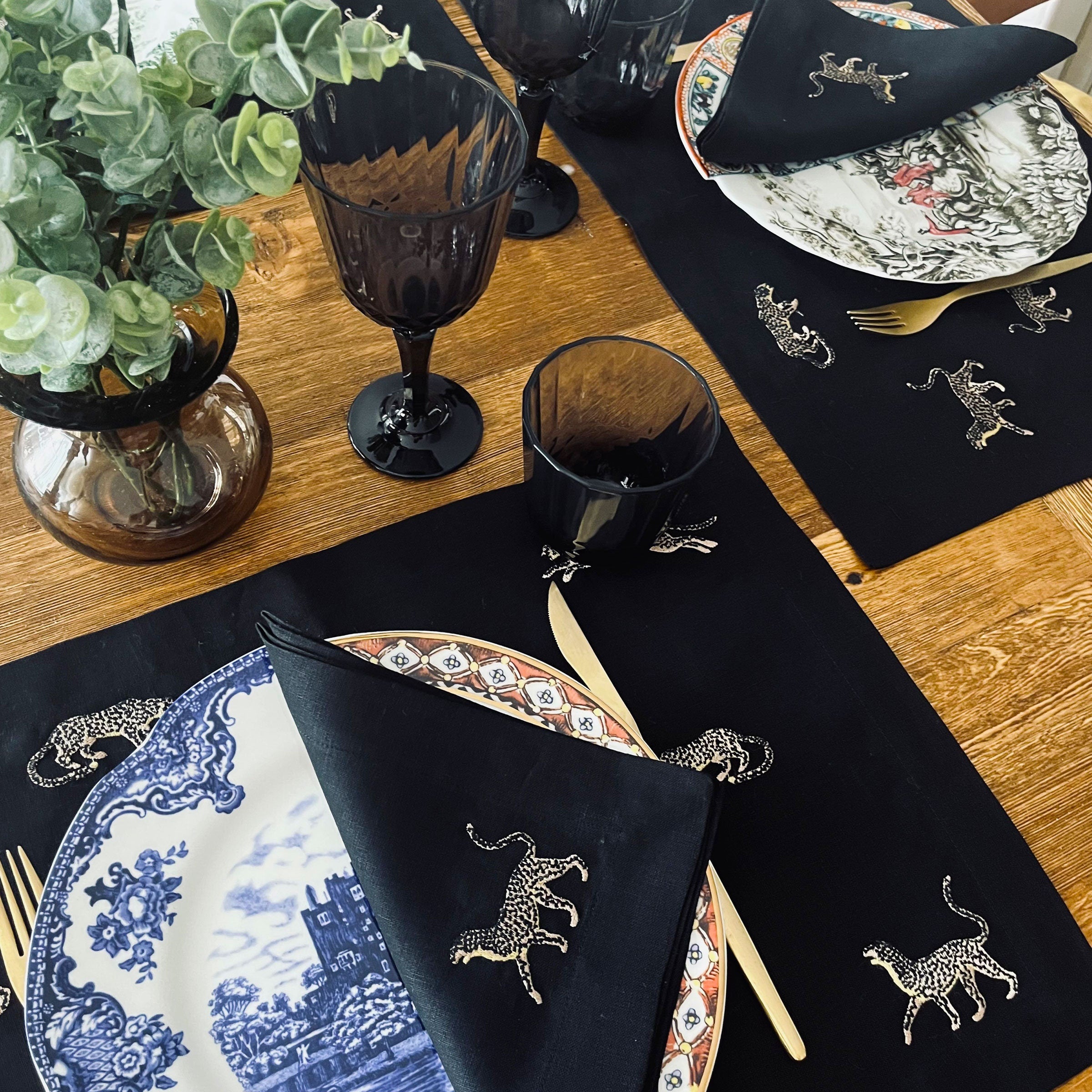 Leopard Pattern Linen Placemats | Black Cloth Set | Decorative Table Linens