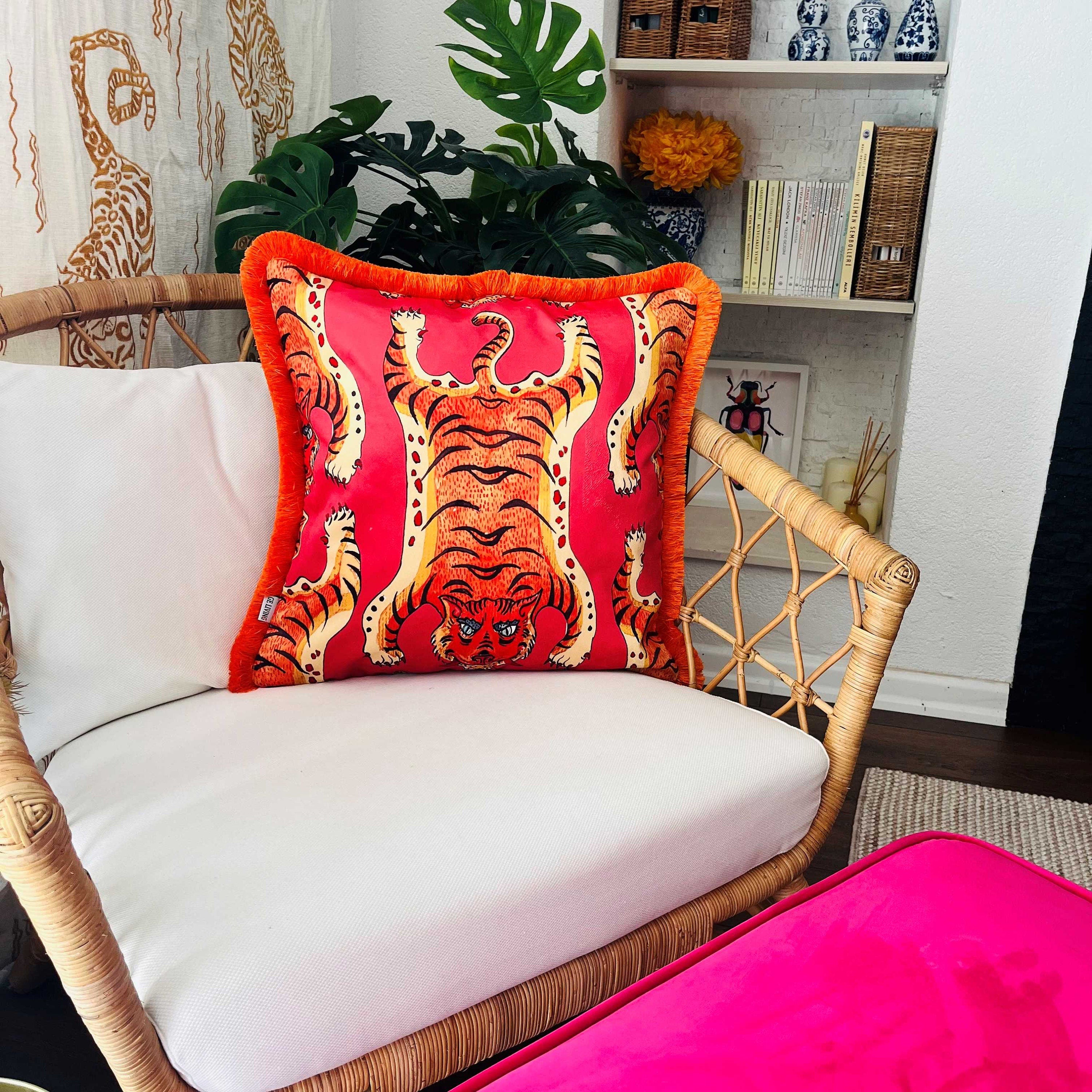 Tiger Pattern Throw Pillow Cover - Pink Velvet Cushion - Vivid Orange Tassel Pillow Case - Handmade Painting Pillow Cover - Double Sided