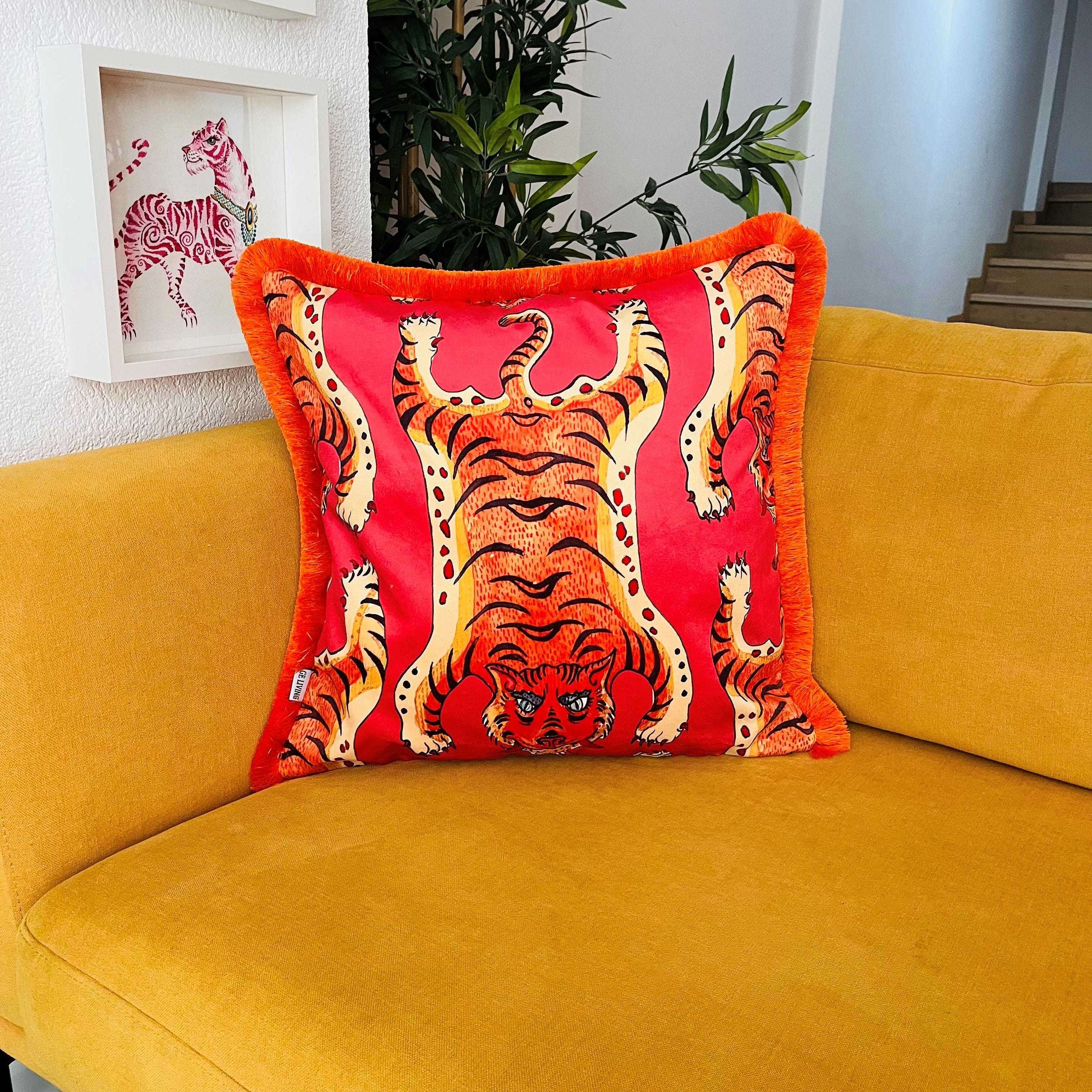 Tiger Pattern Throw Pillow Cover - Pink Velvet Cushion - Vivid Orange Tassel Pillow Case - Handmade Painting Pillow Cover - Double Sided