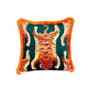 Tiger Pattern Throw Pillow Cover - Green Velvet Cushion - Vivid Orange Tassel Pillow Case - Handmade Painting Pillow Cover - Double Sided