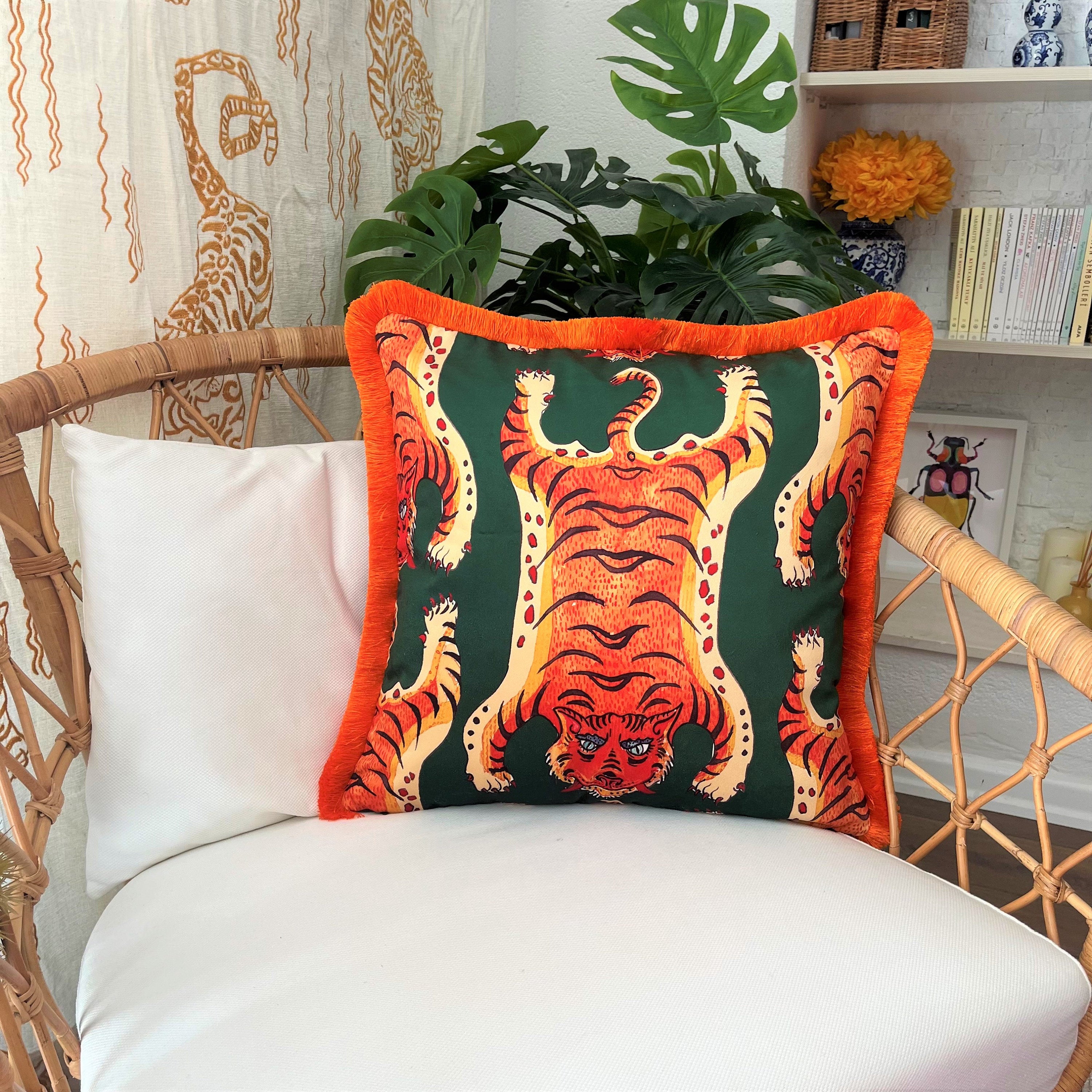 Tiger Pattern Throw Pillow Cover - Green Velvet Cushion - Vivid Orange Tassel Pillow Case - Handmade Painting Pillow Cover - Double Sided