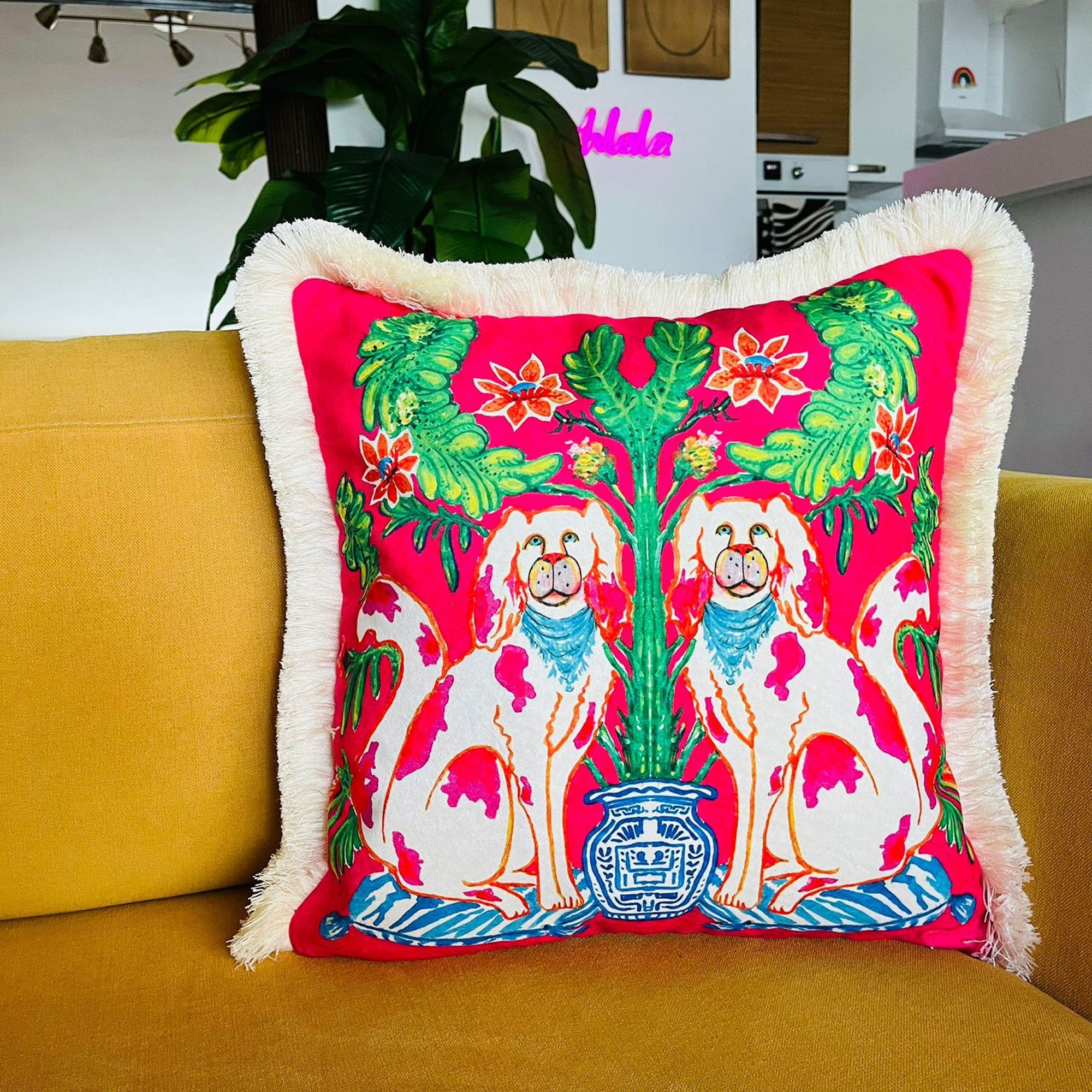 Chinoiserie Chic Dog Pillow | Fuchsia Velvet Cushion | Cream Tassel Decor