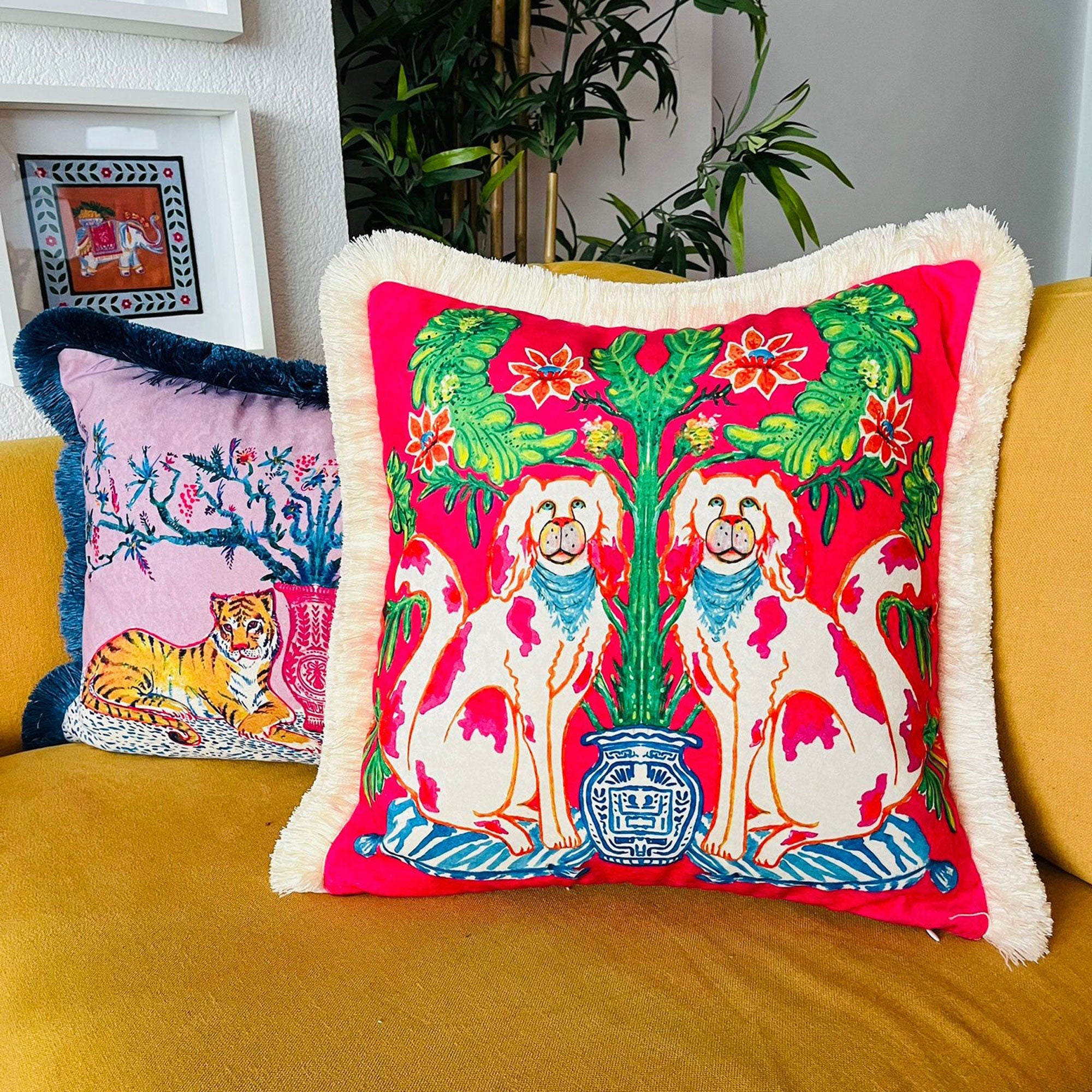 Chinoiserie Chic Dog Pillow | Fuchsia Velvet Cushion | Cream Tassel Decor