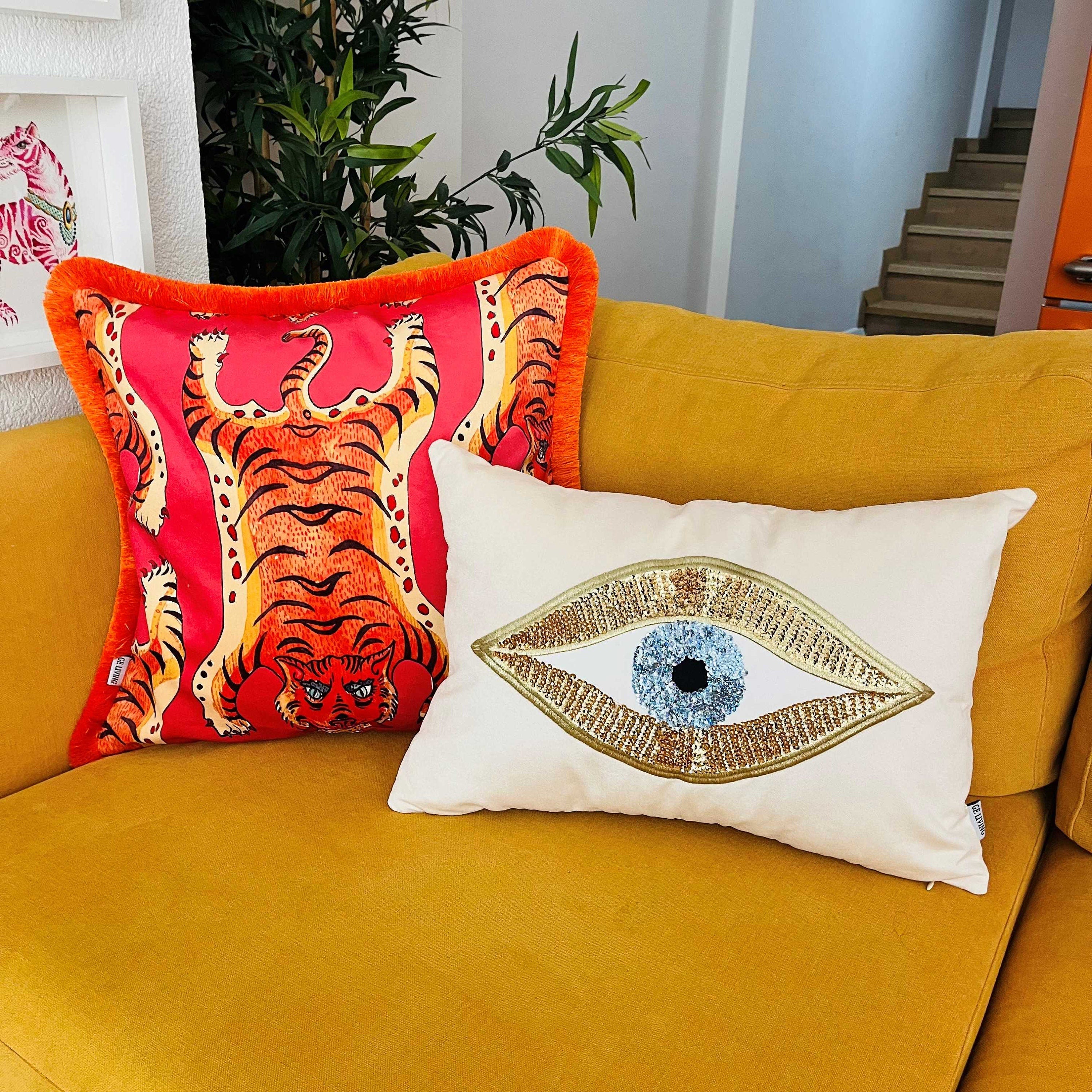 Tiger Pattern Throw Pillow Cover - Pink Velvet Cushion - Vivid Orange Tassel Pillow Case - Handmade Painting Pillow Cover - Double Sided