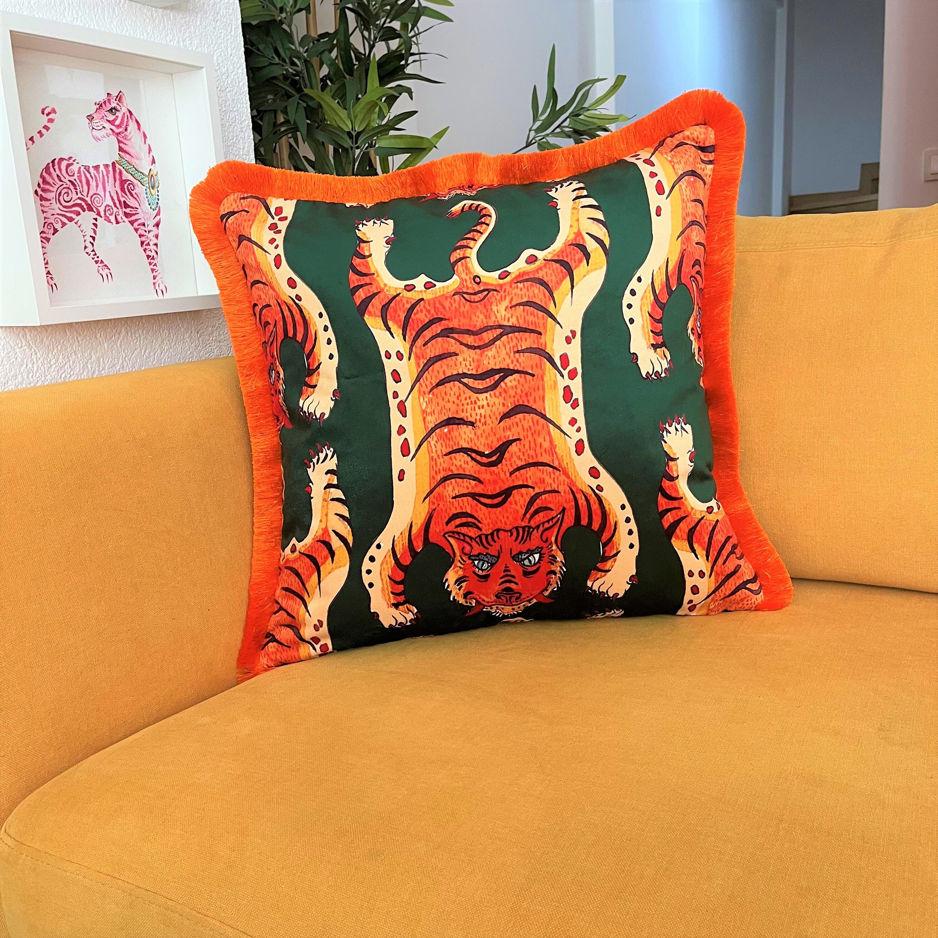 Tiger Pattern Throw Pillow Cover - Green Velvet Cushion - Vivid Orange Tassel Pillow Case - Handmade Painting Pillow Cover - Double Sided