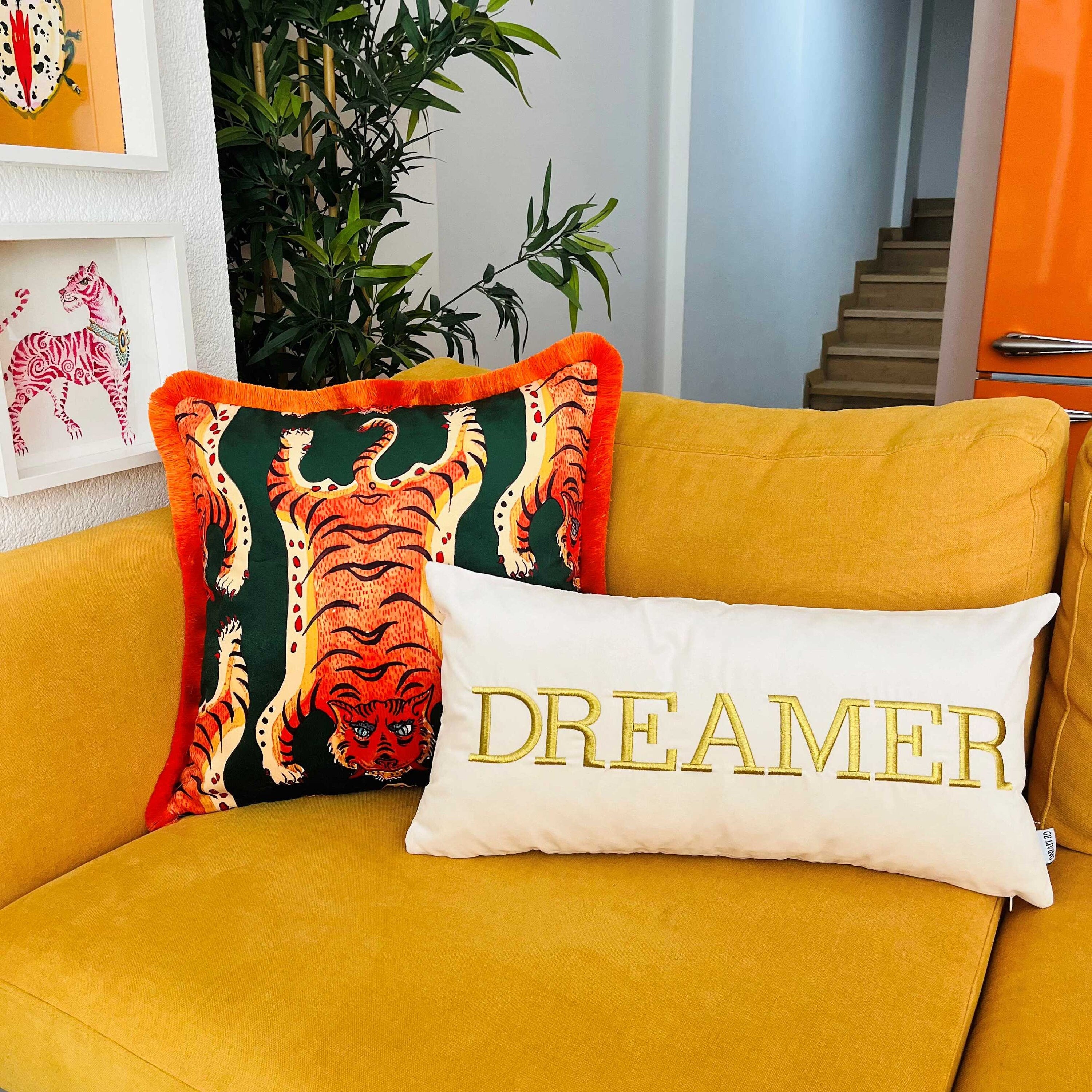 Tiger Pattern Throw Pillow Cover - Green Velvet Cushion - Vivid Orange Tassel Pillow Case - Handmade Painting Pillow Cover - Double Sided