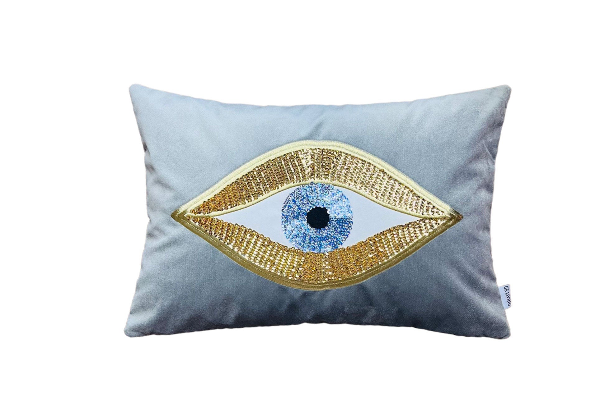 Gray Throw Pillow For Couch - Soft Velvet Cushion Cover - Gold Sequin Evil Eye Pattern - Unique Room Decor - Protection against Beady Eyes