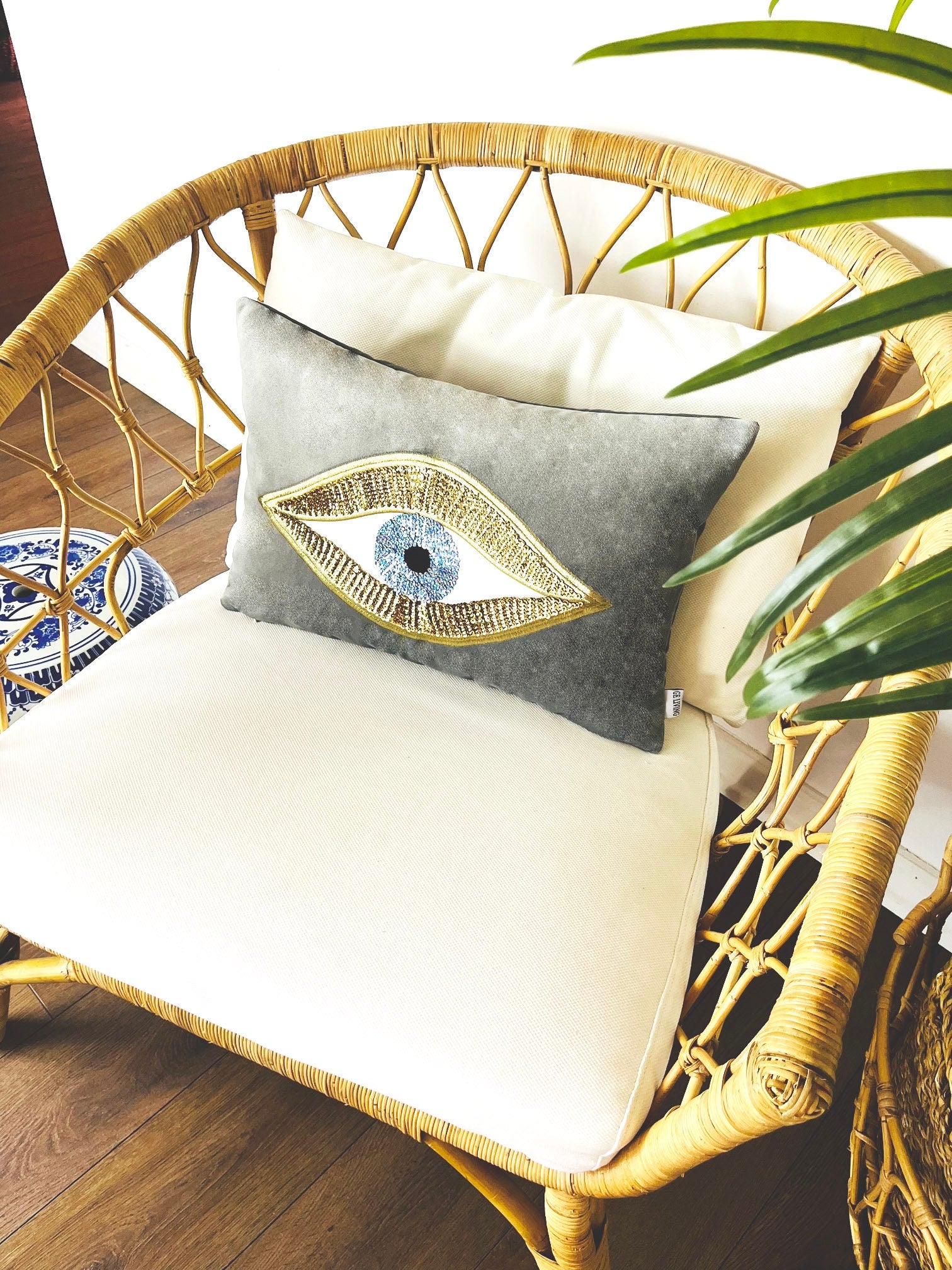 Gray Throw Pillow For Couch - Soft Velvet Cushion Cover - Gold Sequin Evil Eye Pattern - Unique Room Decor - Protection against Beady Eyes