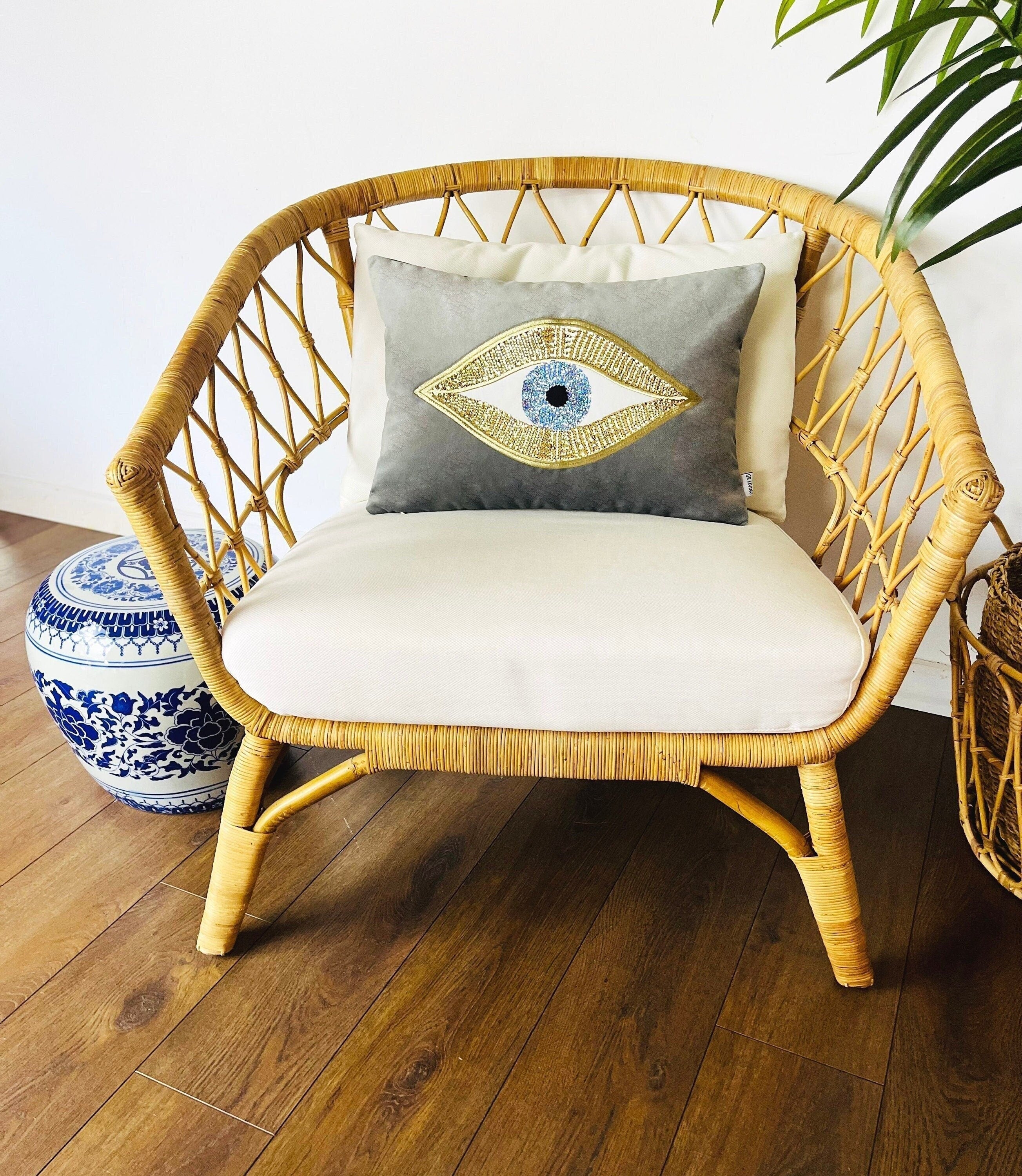 Gray Throw Pillow For Couch - Soft Velvet Cushion Cover - Gold Sequin Evil Eye Pattern - Unique Room Decor - Protection against Beady Eyes