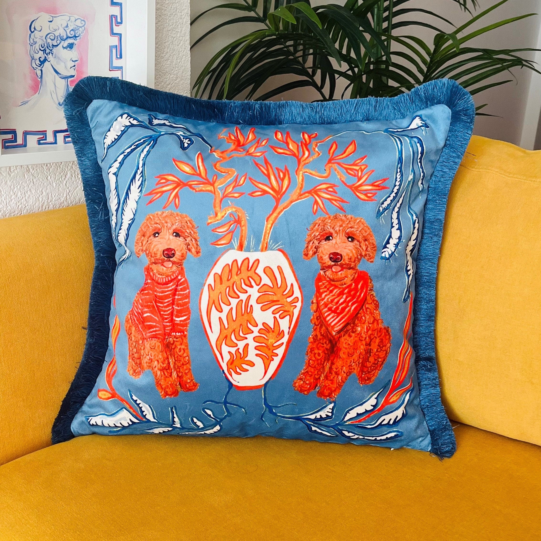 Poodle Pattern Pillow Cover | Brown Poodle Painting | Petrol Blue Tassel Animal Print Cushion