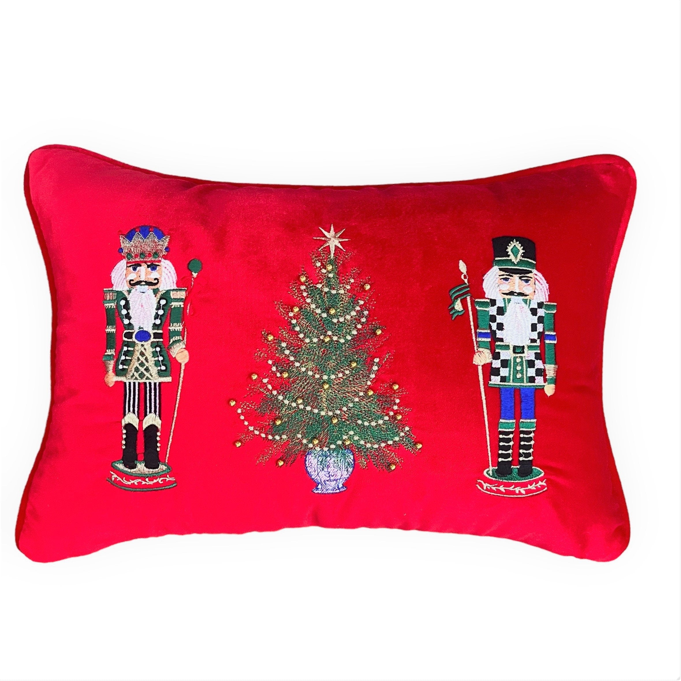 Nutcracker Pattern Throw Pillow Cover - Decorative New Year Tree Series Red Pillow Case - Detailed Real Beaded Embroidered Cushion Cover