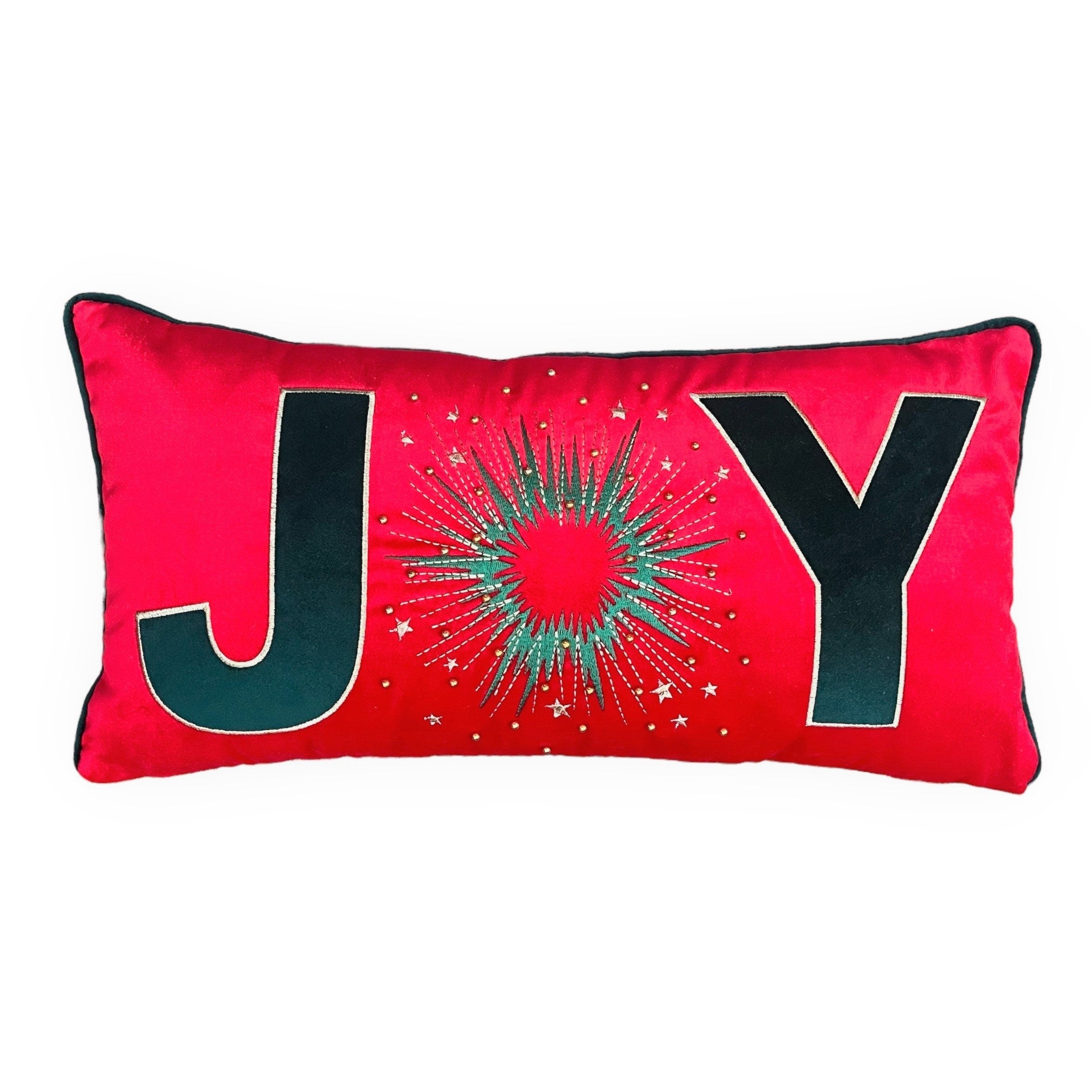 Joy Pattern Throw Pillow For Couch - Soft Red Velvet Cushion Cover - Gold Beaded & Embroidered New Year Pattern - Unique Christmas Decor