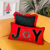 Joy Pattern Throw Pillow For Couch - Soft Red Velvet Cushion Cover - Gold Beaded & Embroidered New Year Pattern - Unique Christmas Decor