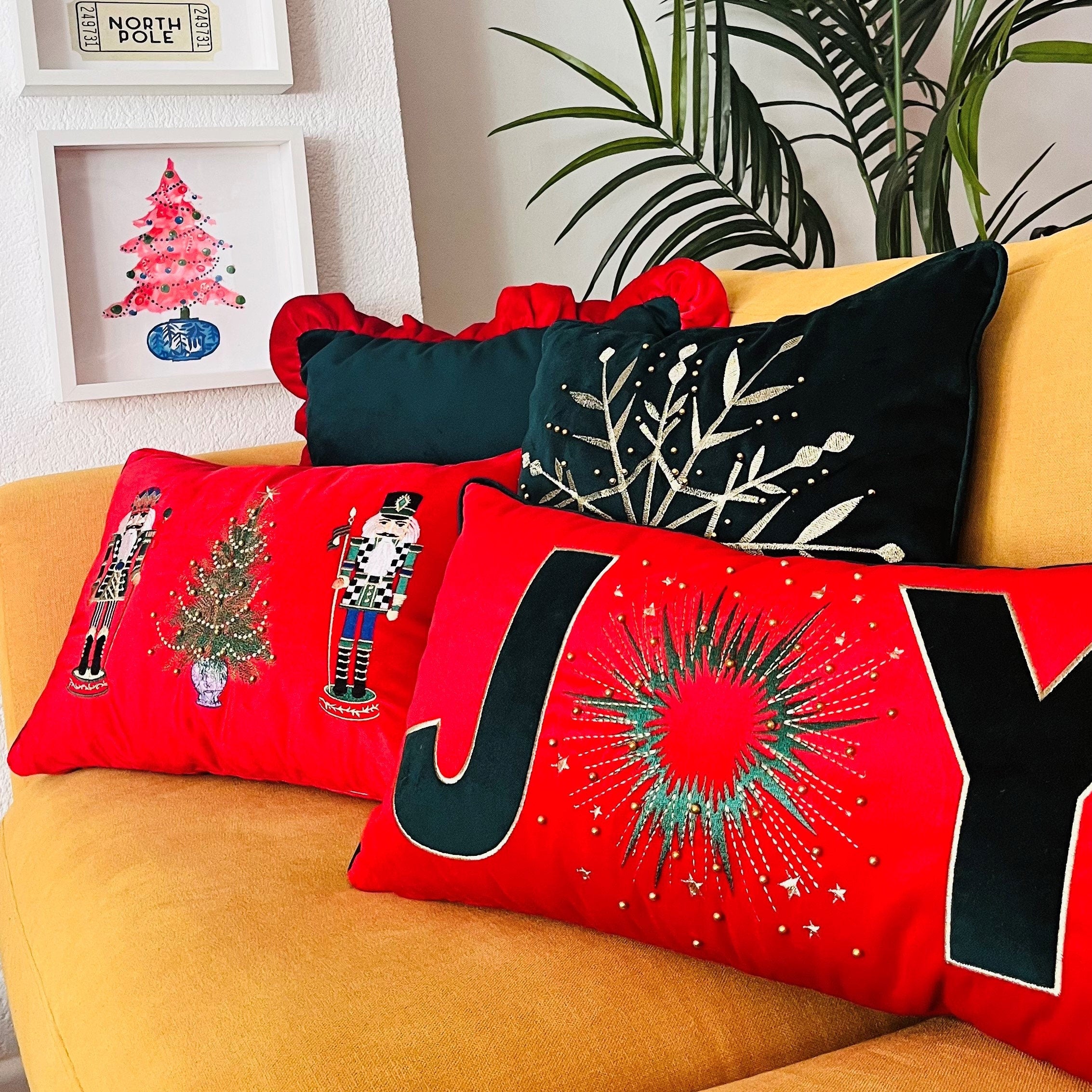 Joy Pattern Throw Pillow For Couch - Soft Red Velvet Cushion Cover - Gold Beaded & Embroidered New Year Pattern - Unique Christmas Decor