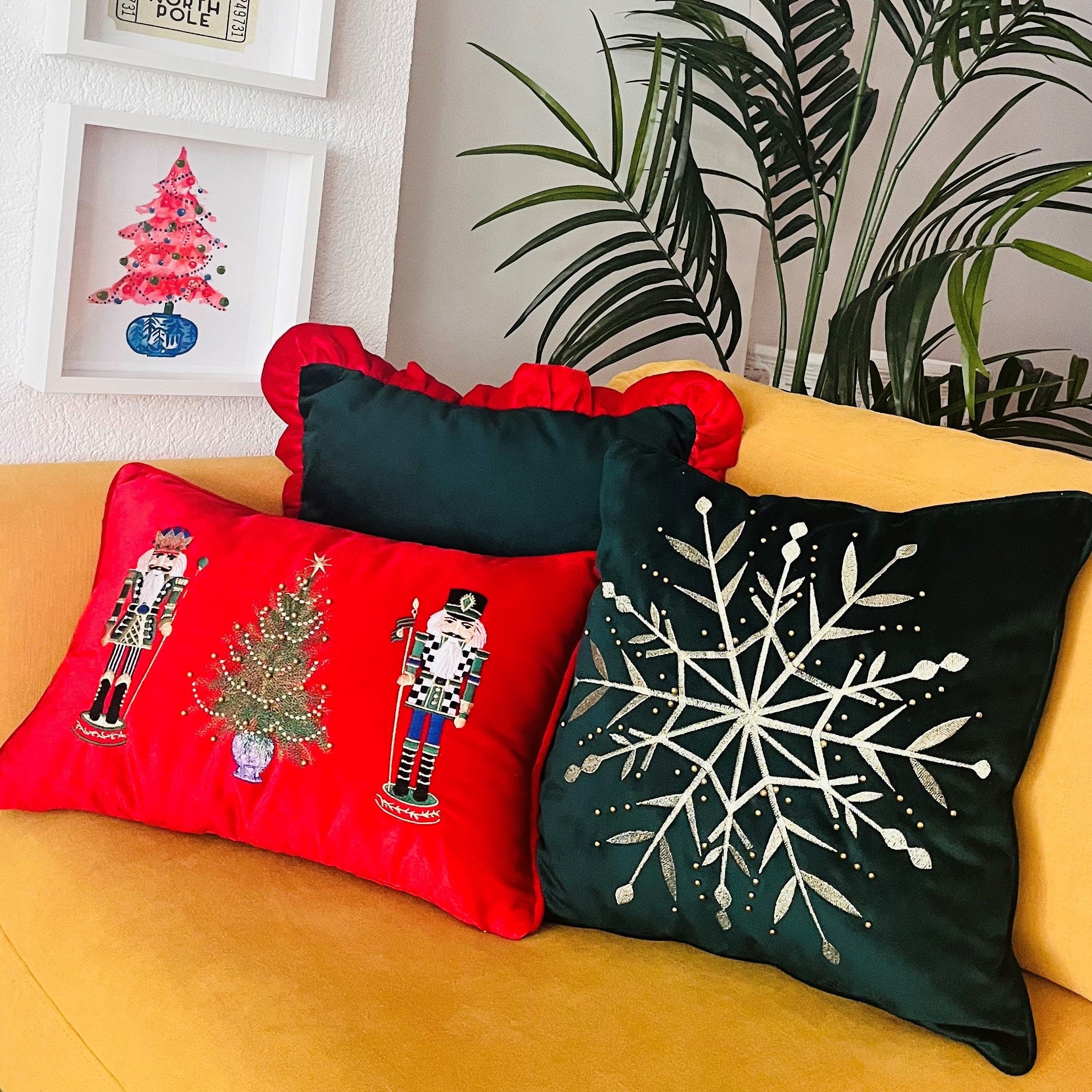 Nutcracker Pattern Throw Pillow Cover - Decorative New Year Tree Series Red Pillow Case - Detailed Real Beaded Embroidered Cushion Cover