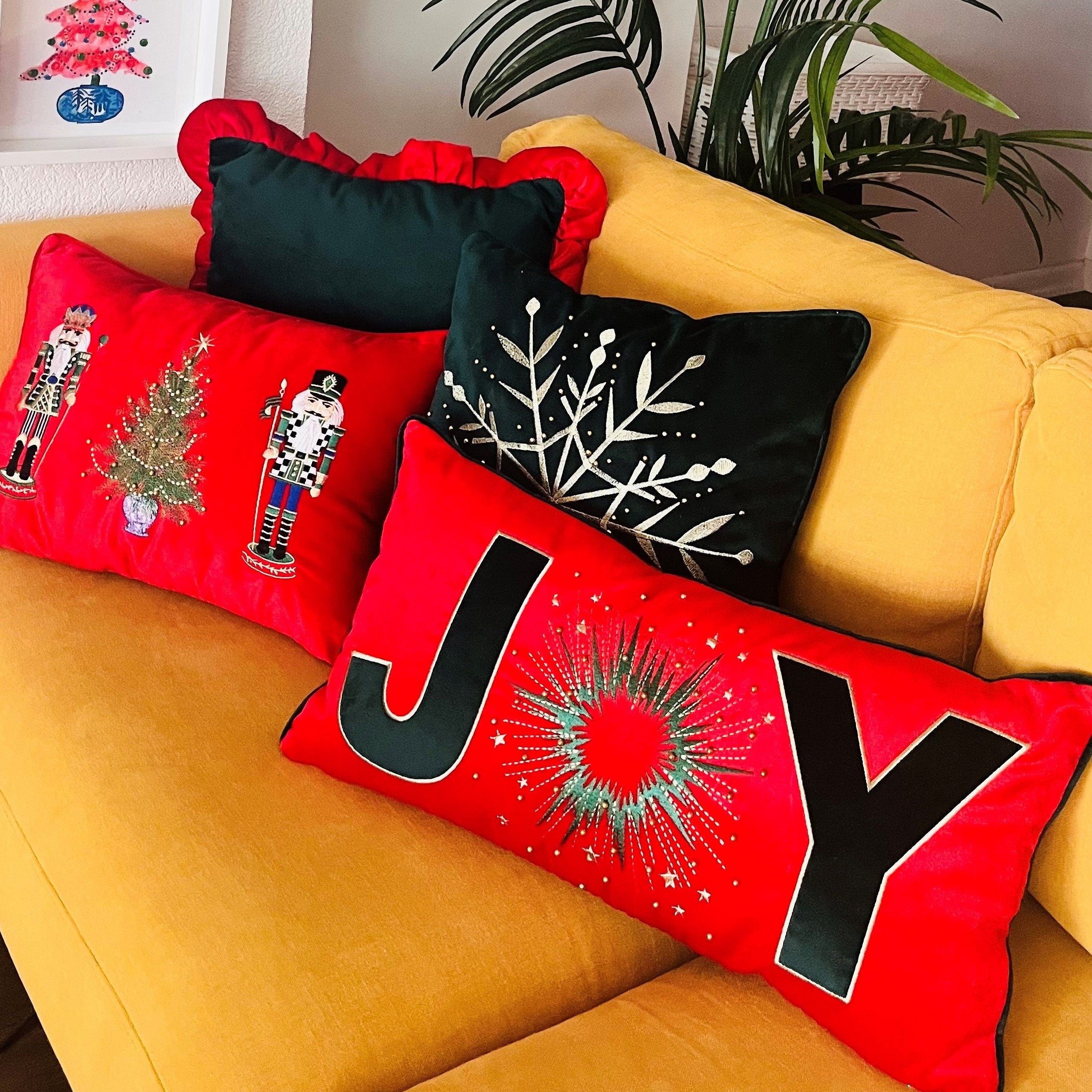 Joy Pattern Throw Pillow For Couch - Soft Red Velvet Cushion Cover - Gold Beaded & Embroidered New Year Pattern - Unique Christmas Decor