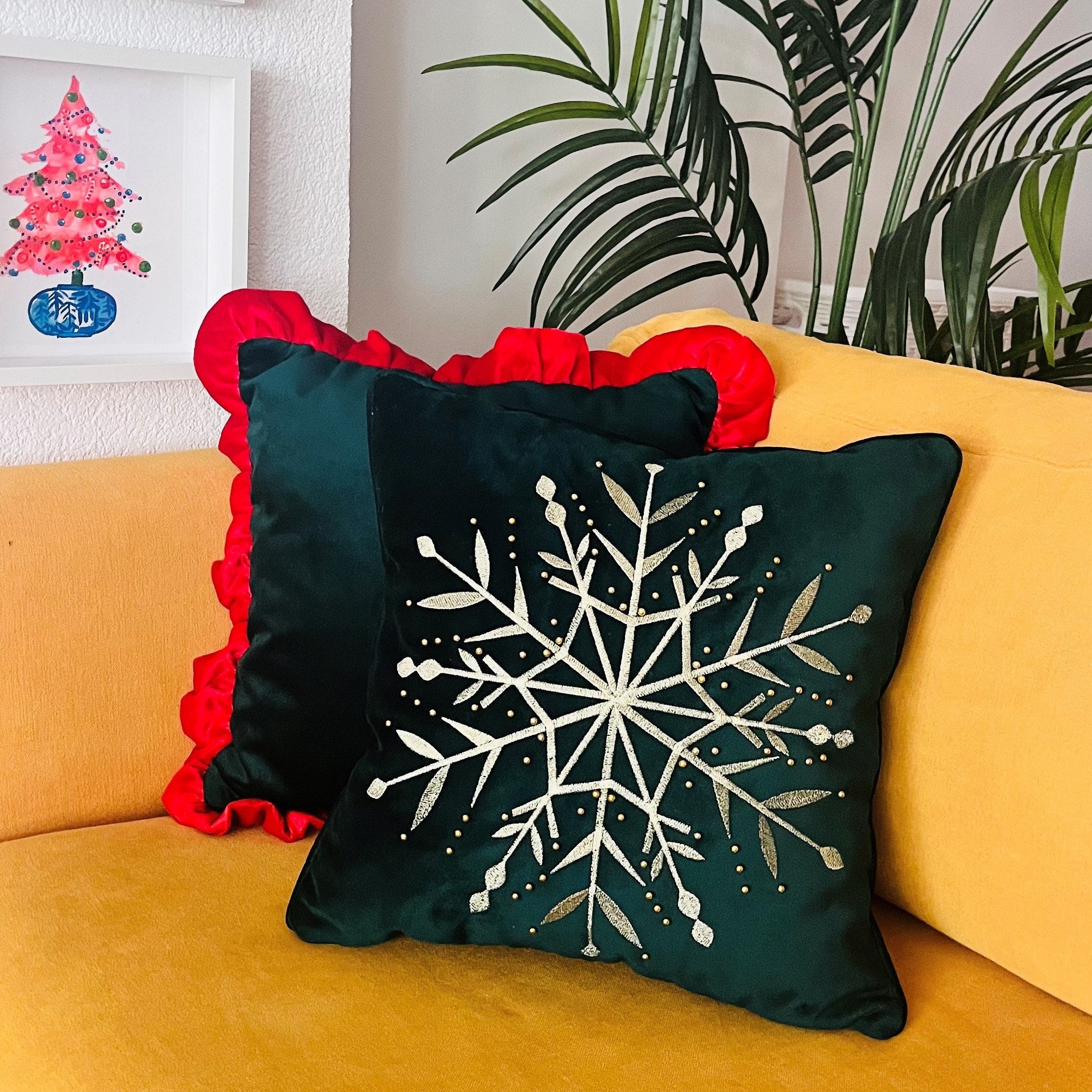 Snowflake Pattern Throw Pillow Cover - Green Velvet Pillow Case - Christmas Series Cushion Cover - Real Gold Beaded & Embroidered Cushion