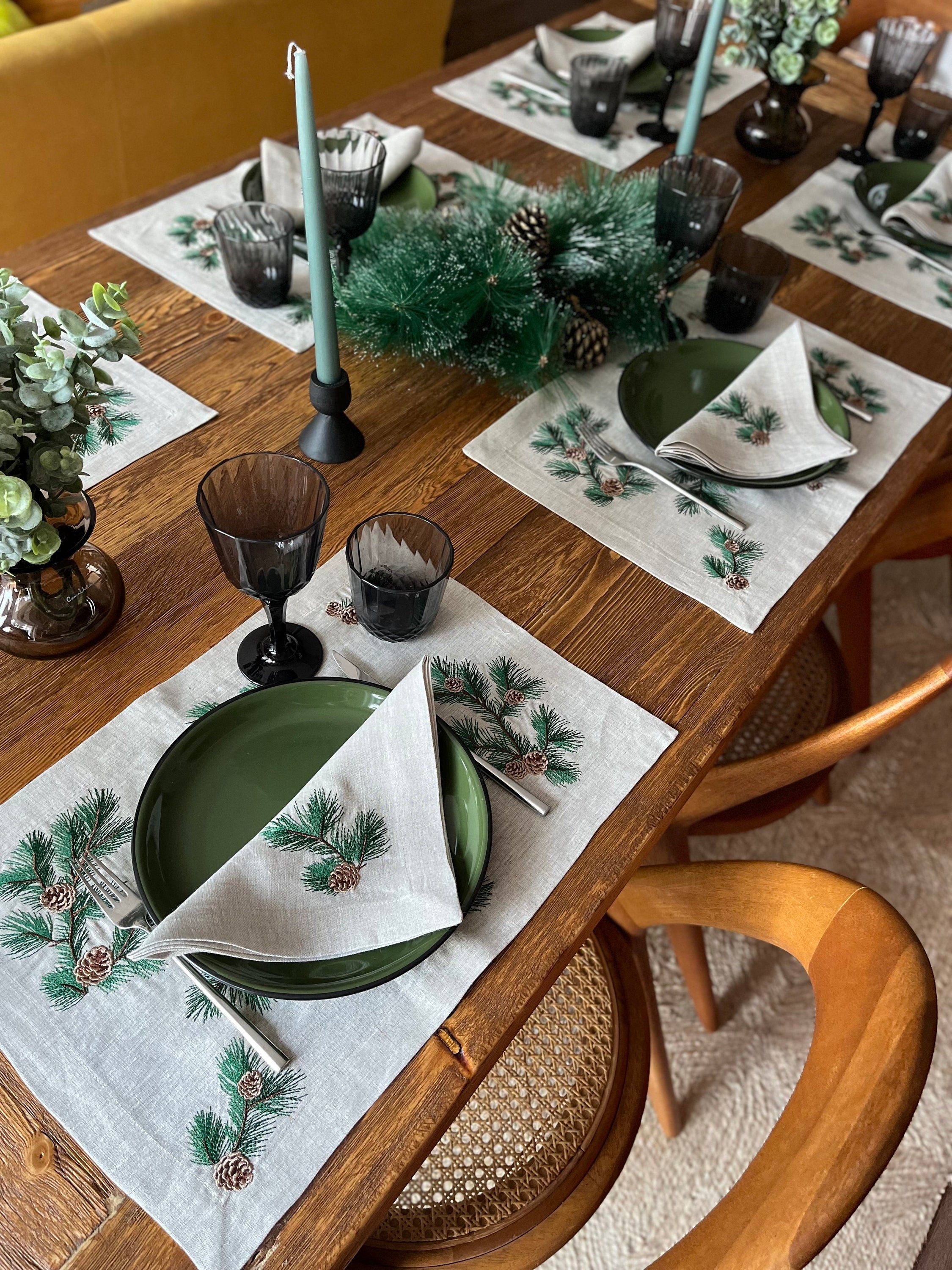 Christmas Table Decor Placemats - Pine Cone Pattern Cloth Placemat Set of 2 4 6 8 - Embroidered Coastal Set - 14 x 20 inch - Table Linens