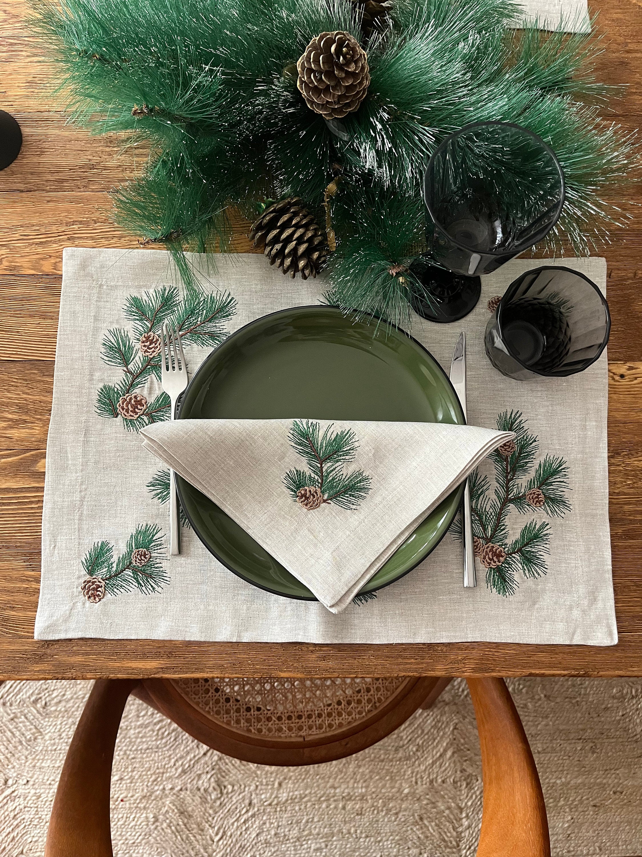 Christmas Table Decor Placemats - Pine Cone Pattern Cloth Placemat Set of 2 4 6 8 - Embroidered Coastal Set - 14 x 20 inch - Table Linens