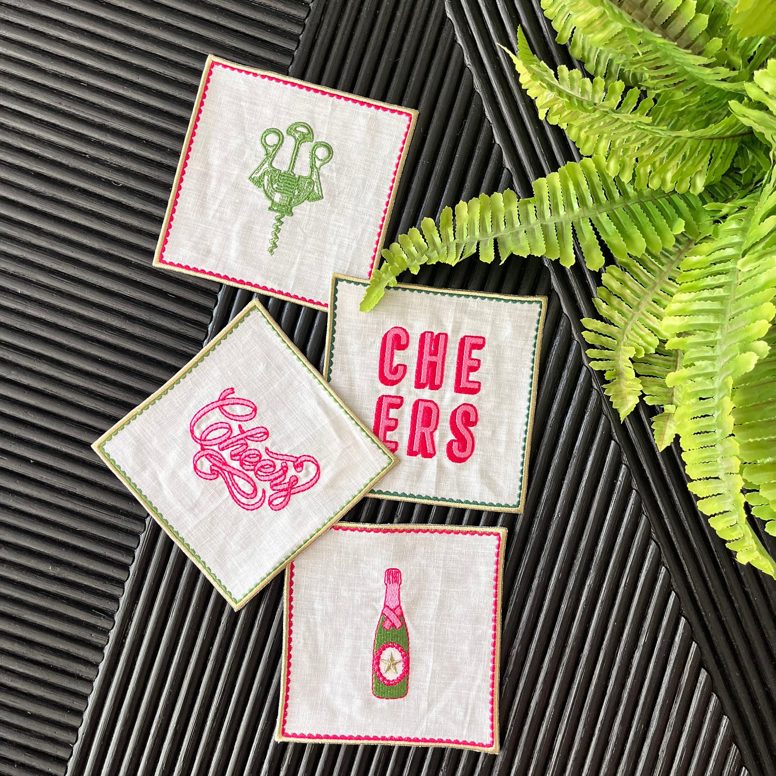 Cocktail Party Napkins - Bar Cart Kitchen Decor - Cocktails and Beverages Happy Hour - Cheers! -  Napkin Set of 4