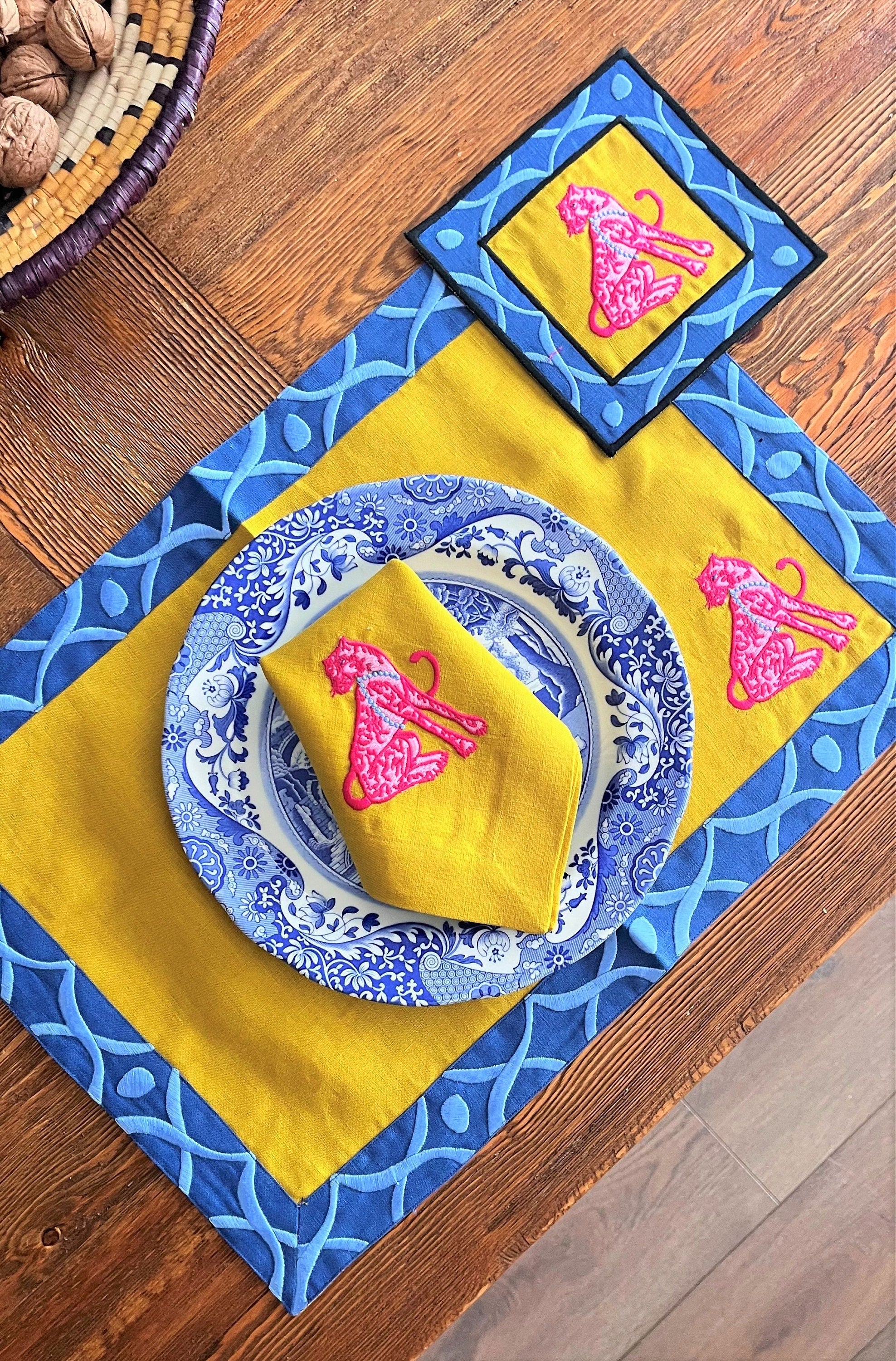 Pink Panther Placemats | Mustard Linen Place Mat Set | Embroidered Blue Corners