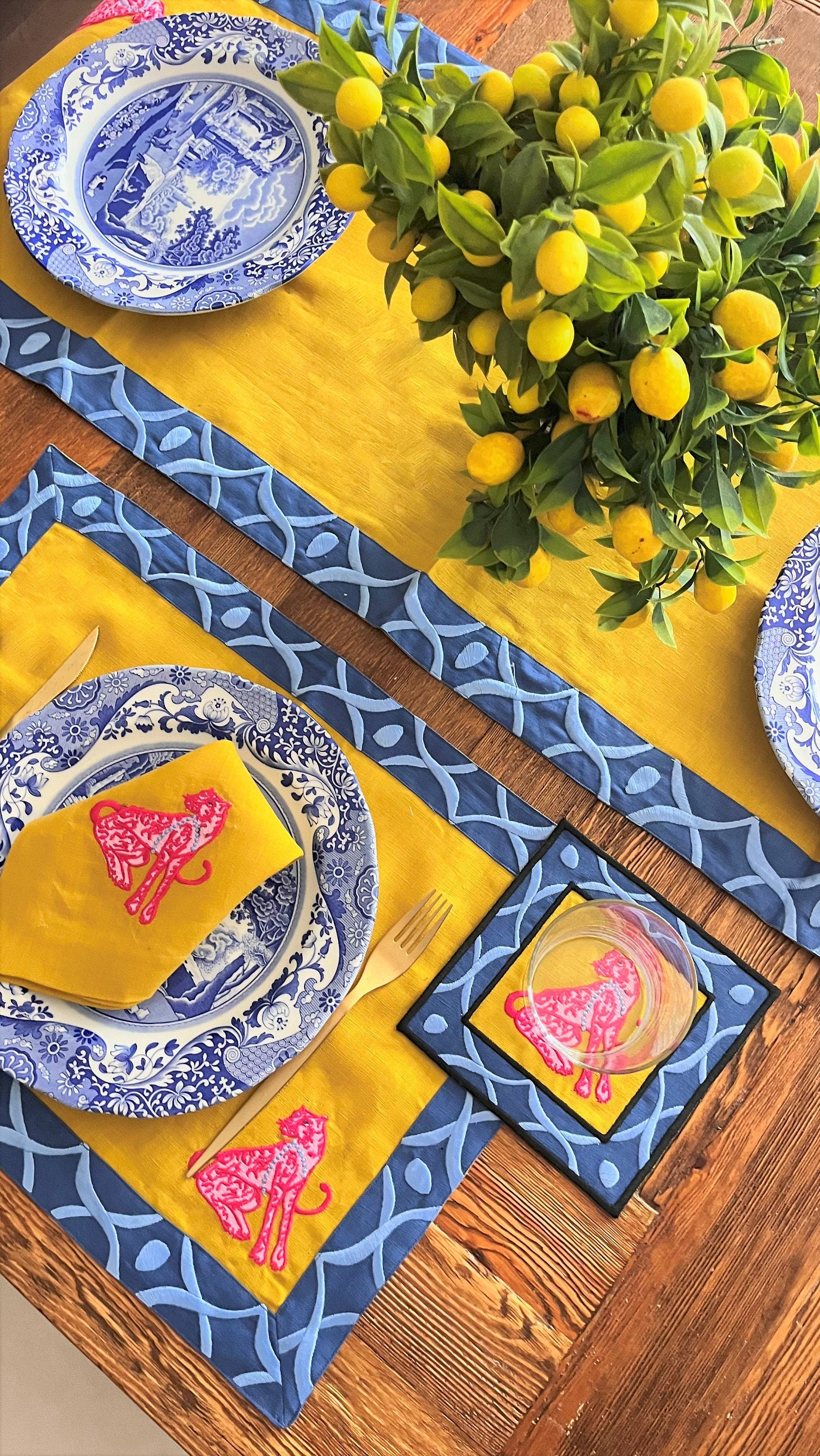 Pink Panther Placemats | Mustard Linen Place Mat Set | Embroidered Blue Corners