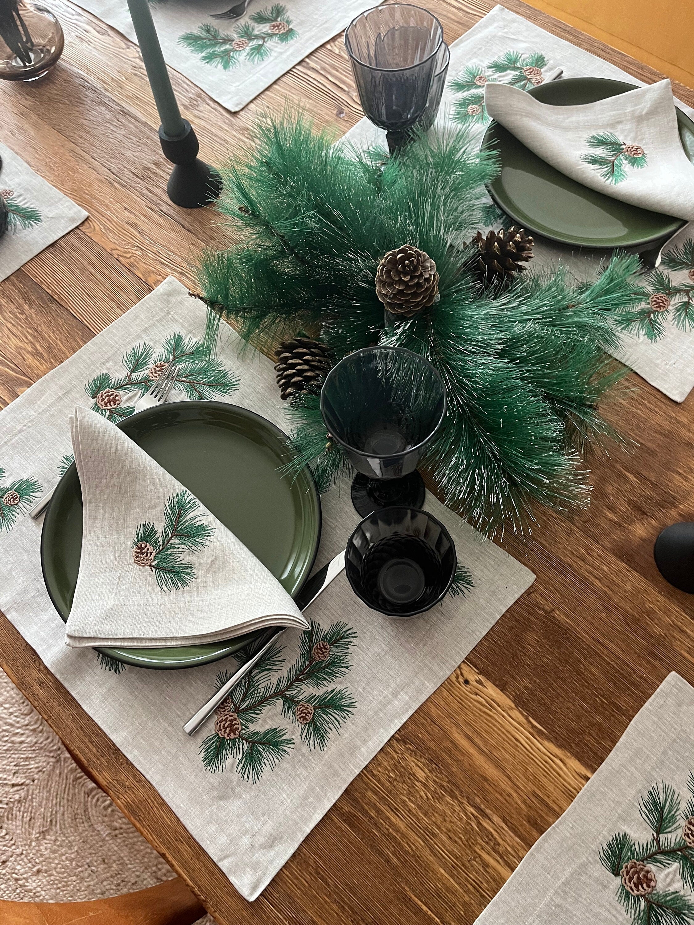 Christmas Table Decor Placemats - Pine Cone Pattern Cloth Placemat Set of 2 4 6 8 - Embroidered Coastal Set - 14 x 20 inch - Table Linens