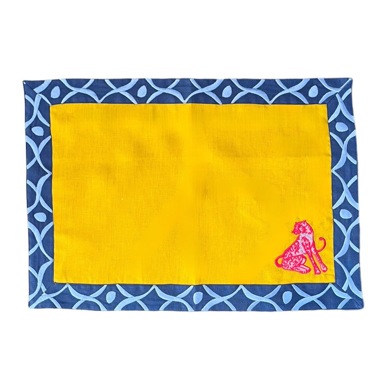 Pink Panther Placemats | Mustard Linen Place Mat Set | Embroidered Blue Corners