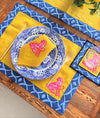 Pink Panther Placemats | Mustard Linen Place Mat Set | Embroidered Blue Corners