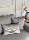 Gray Throw Pillow For Couch - Soft Velvet Cushion Cover - Gold Sequin Evil Eye Pattern - Unique Room Decor - Protection against Beady Eyes