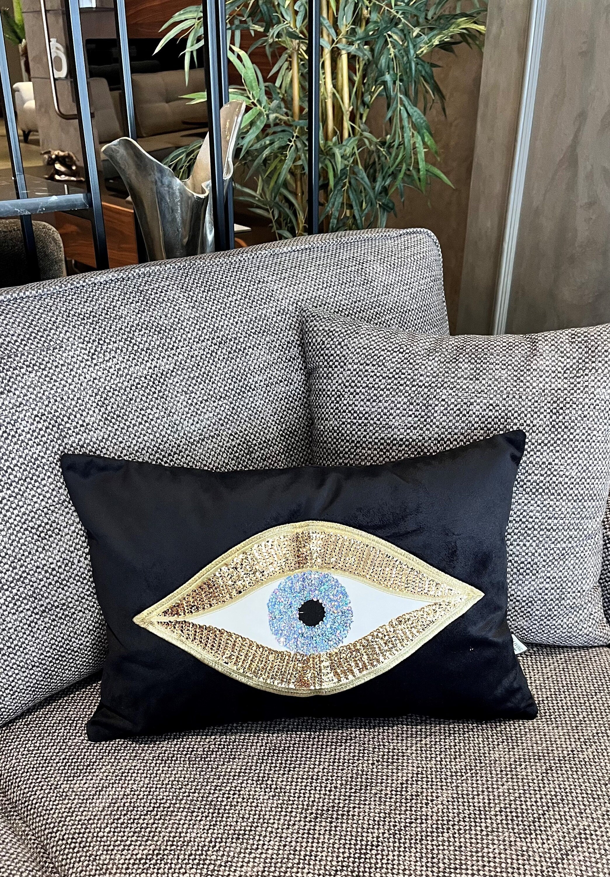 Black Velvet Cushion Cover | Evil Eye Sequinned Throw Pillow | Amulet Room Decor