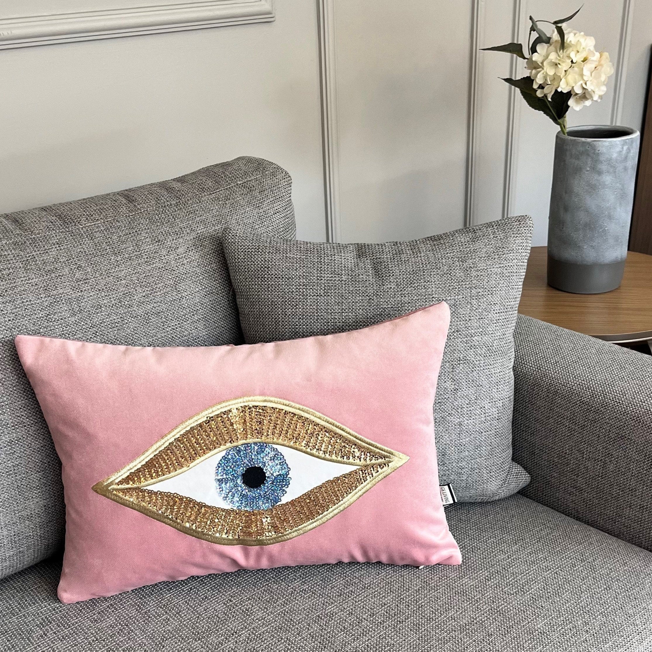 Pink Velvet Cushion Cover | Evil Eye Pattern Throw Pillow | Couch & Room Decor