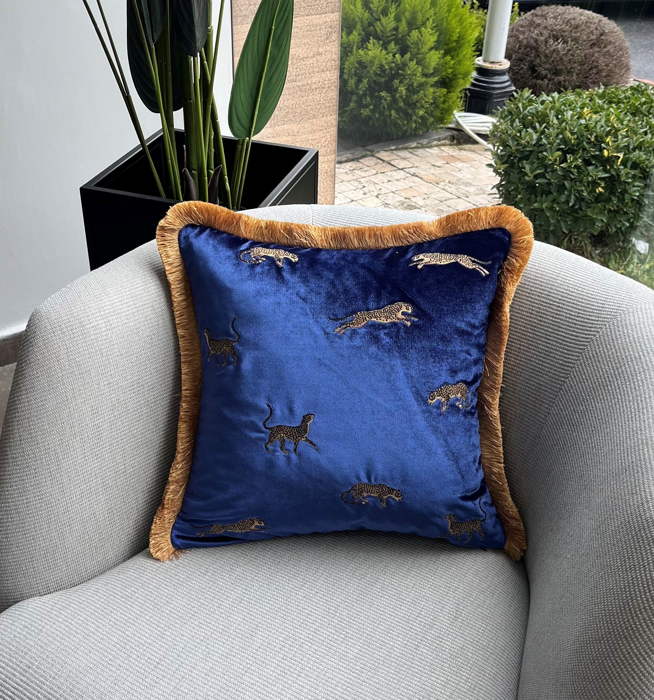 Leopard Pattern Blue Velvet Pillow Cover | Shiny Navy Blue Velvet Pillow | Gold Tassel Cushion Cover for Couch | Leopard Print Gift Idea