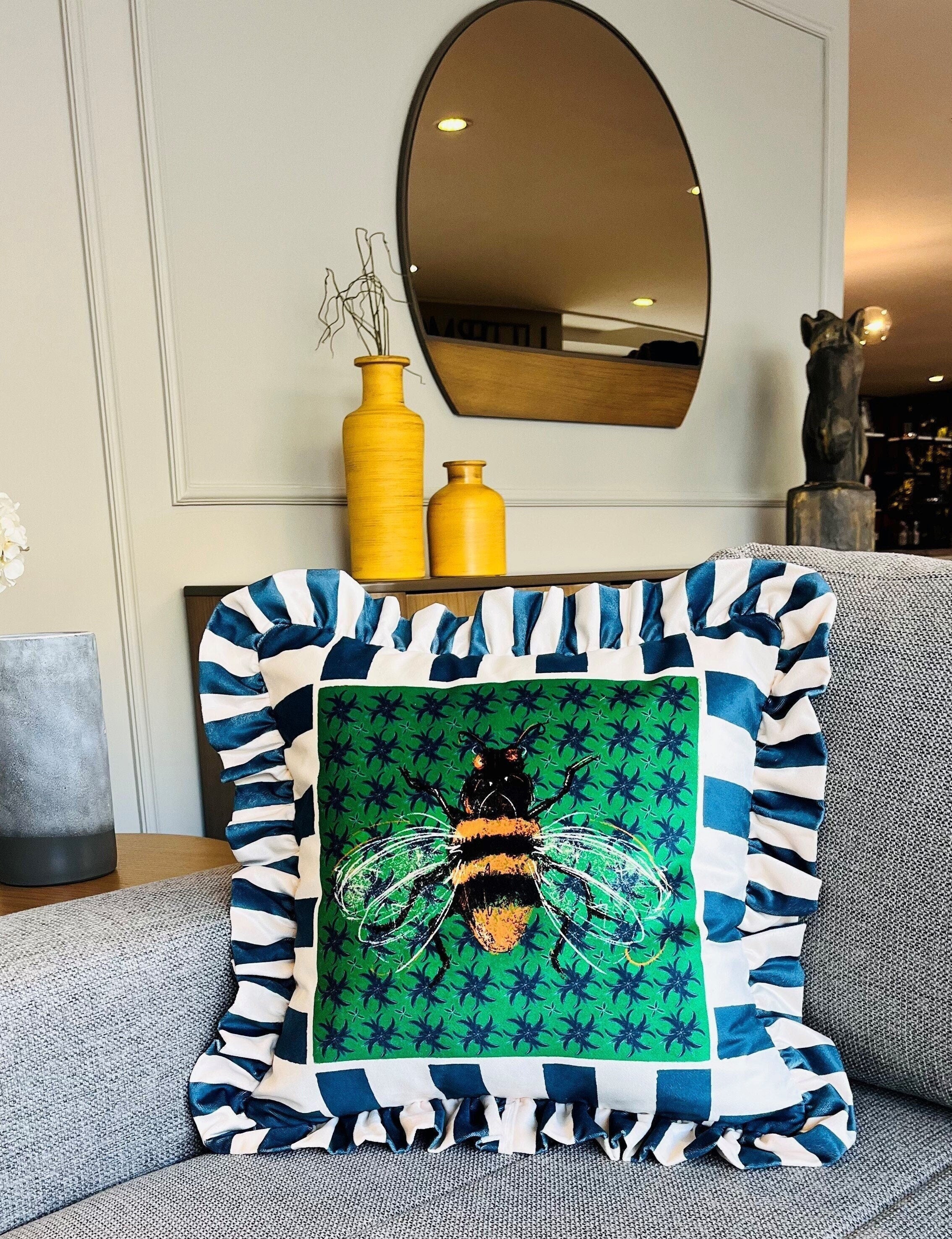 Bee Pattern Velvet Throw Pillow | Teal Green Ruffled Cushion Cover | Handmade Animal Print