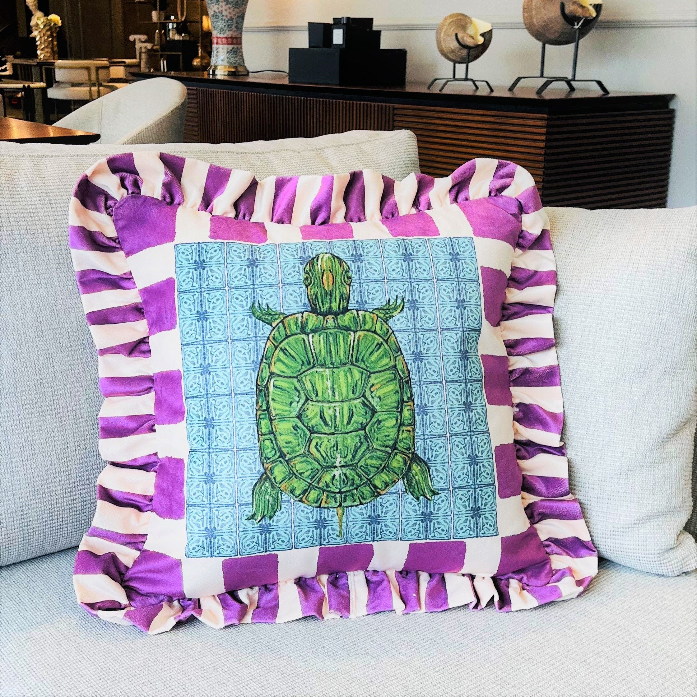 Caretta Caretta Pattern Throw Pillow For Couch - Velvet Ruffled Cushion Cover - Purple Checkered Velvet Cushion - Sea Turtle Animal Print