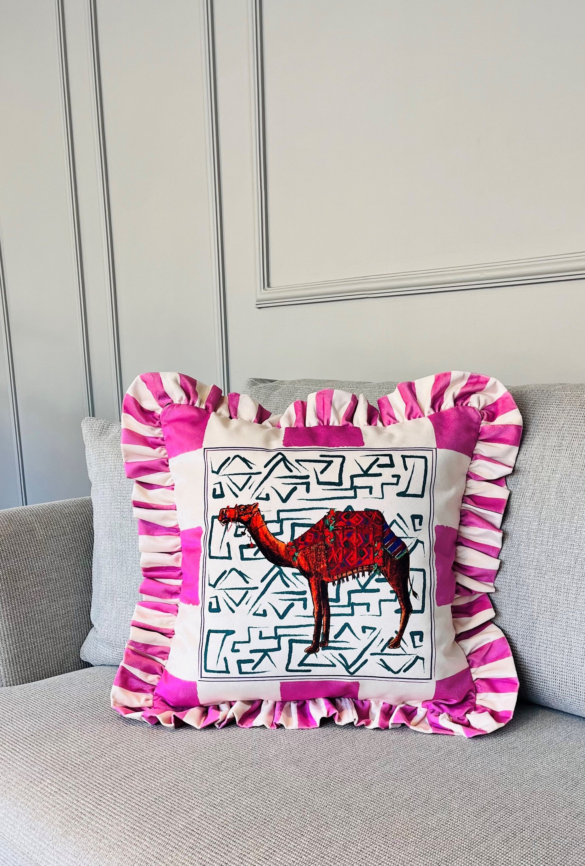 Camel Pattern Throw Pillow For Couch - Velvet Ruffled Cushion Cover - Pink Checkered Velvet Cushion - Animal Print Handmade Paintings