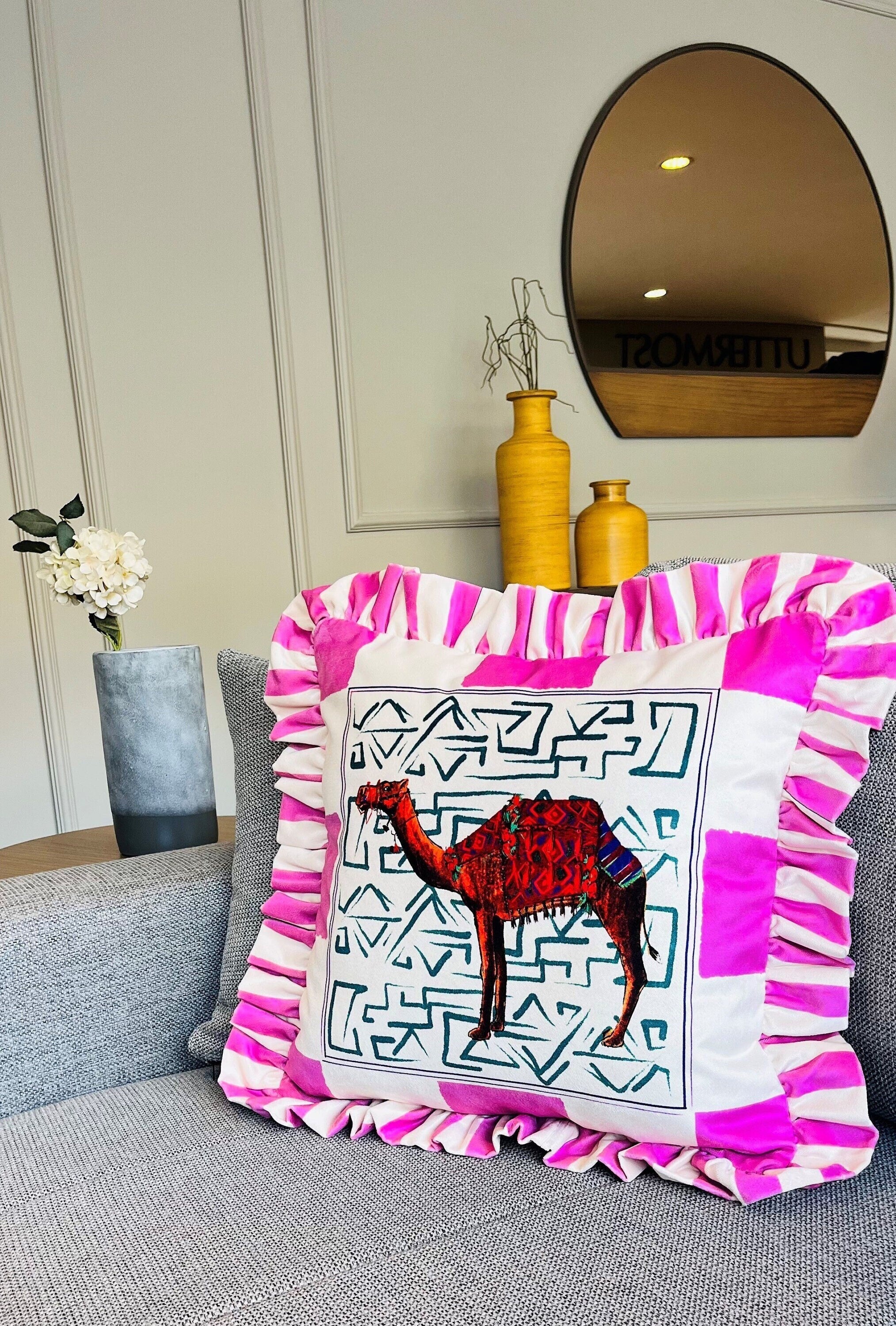 Camel Pattern Throw Pillow For Couch - Velvet Ruffled Cushion Cover - Pink Checkered Velvet Cushion - Animal Print Handmade Paintings