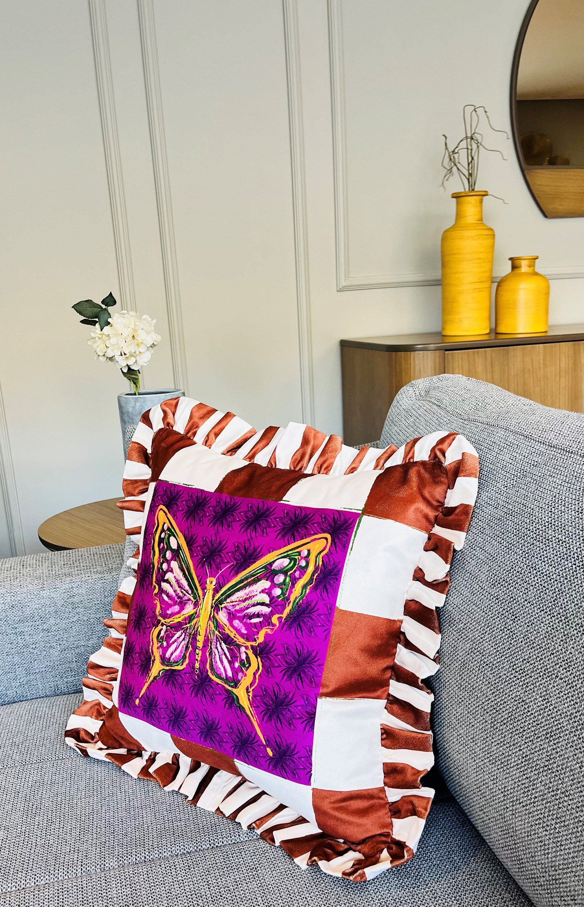 Butterfly Pattern Throw Pillow For Couch - Velvet Ruffled Cushion Cover - Brown Checkered Velvet Cushion - Animal Print Handmade Paintings