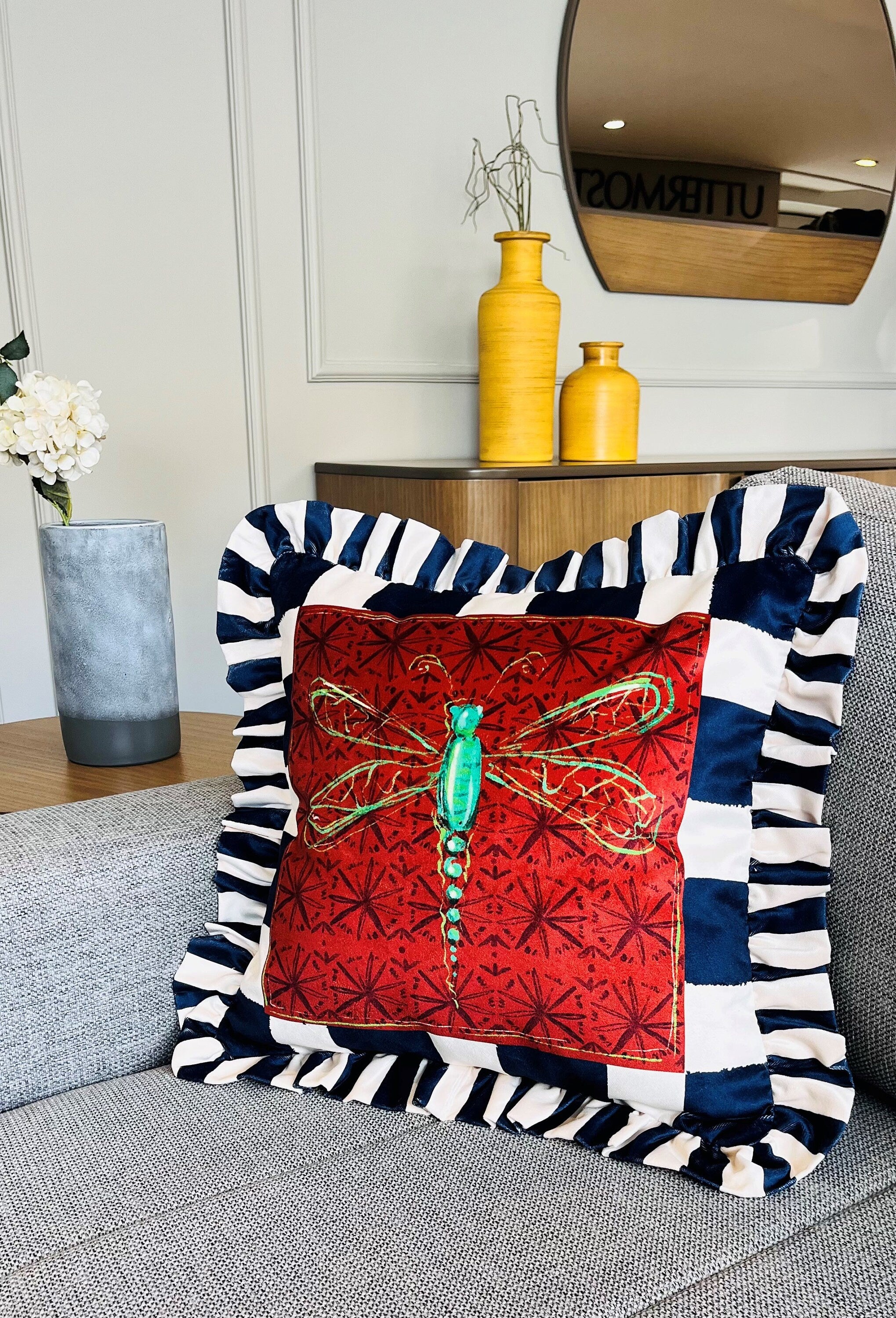 Dragonfly Pattern Throw Pillow For Couch - Velvet Ruffled Cushion Cover - Navy Checkered Velvet Cushion - Animal Print Handmade Paintings