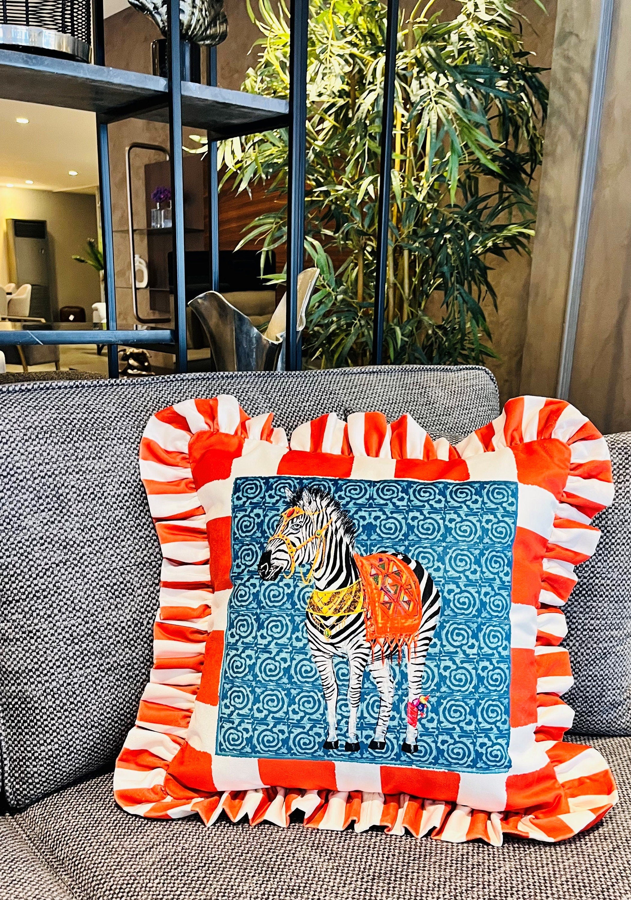 Zebra Pattern Throw Pillow For Couch - Velvet Ruffled Cushion Cover - Orange Checkered Velvet Cushion - Animal Print Handmade Paintings