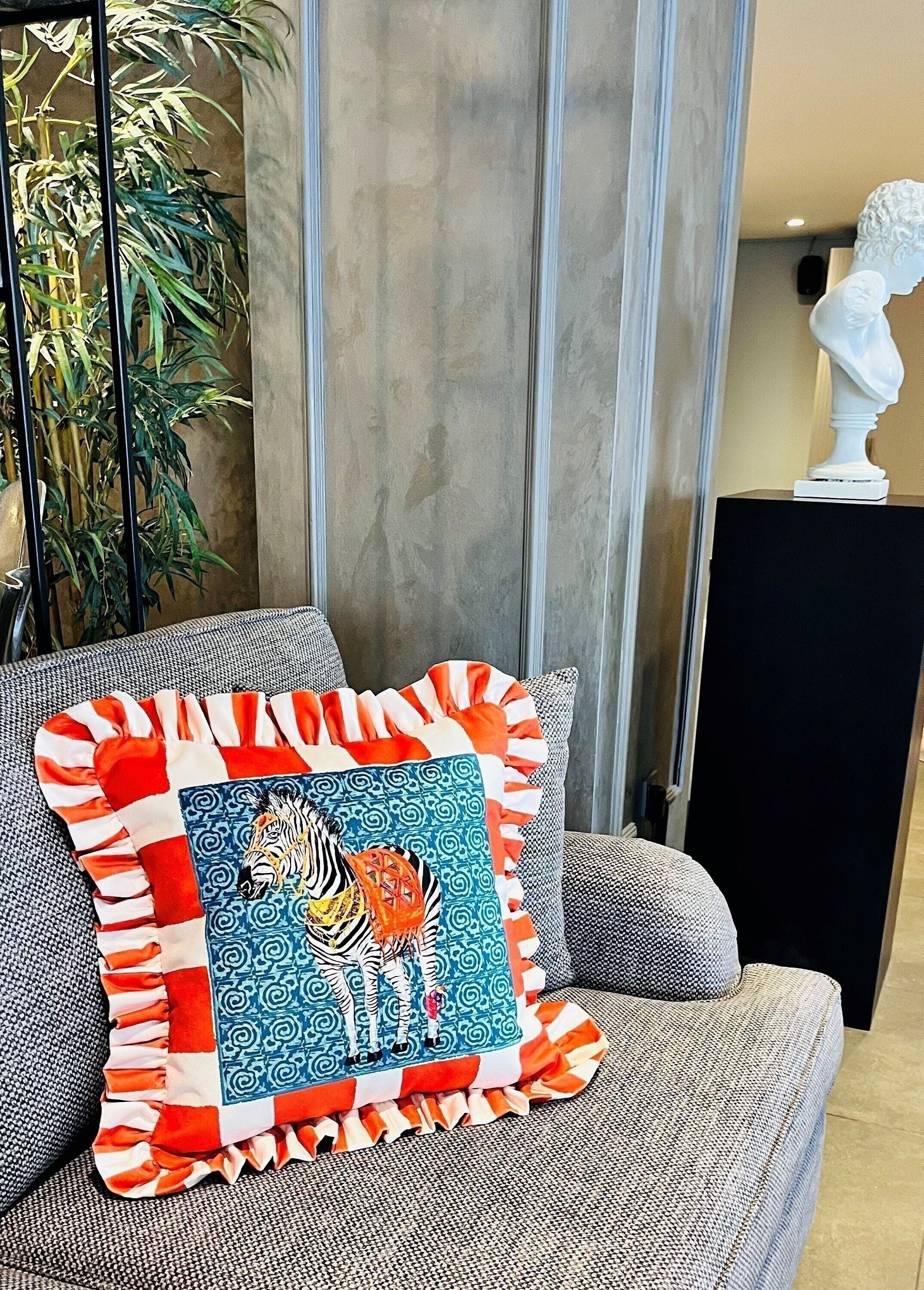 Zebra Pattern Throw Pillow For Couch - Velvet Ruffled Cushion Cover - Orange Checkered Velvet Cushion - Animal Print Handmade Paintings