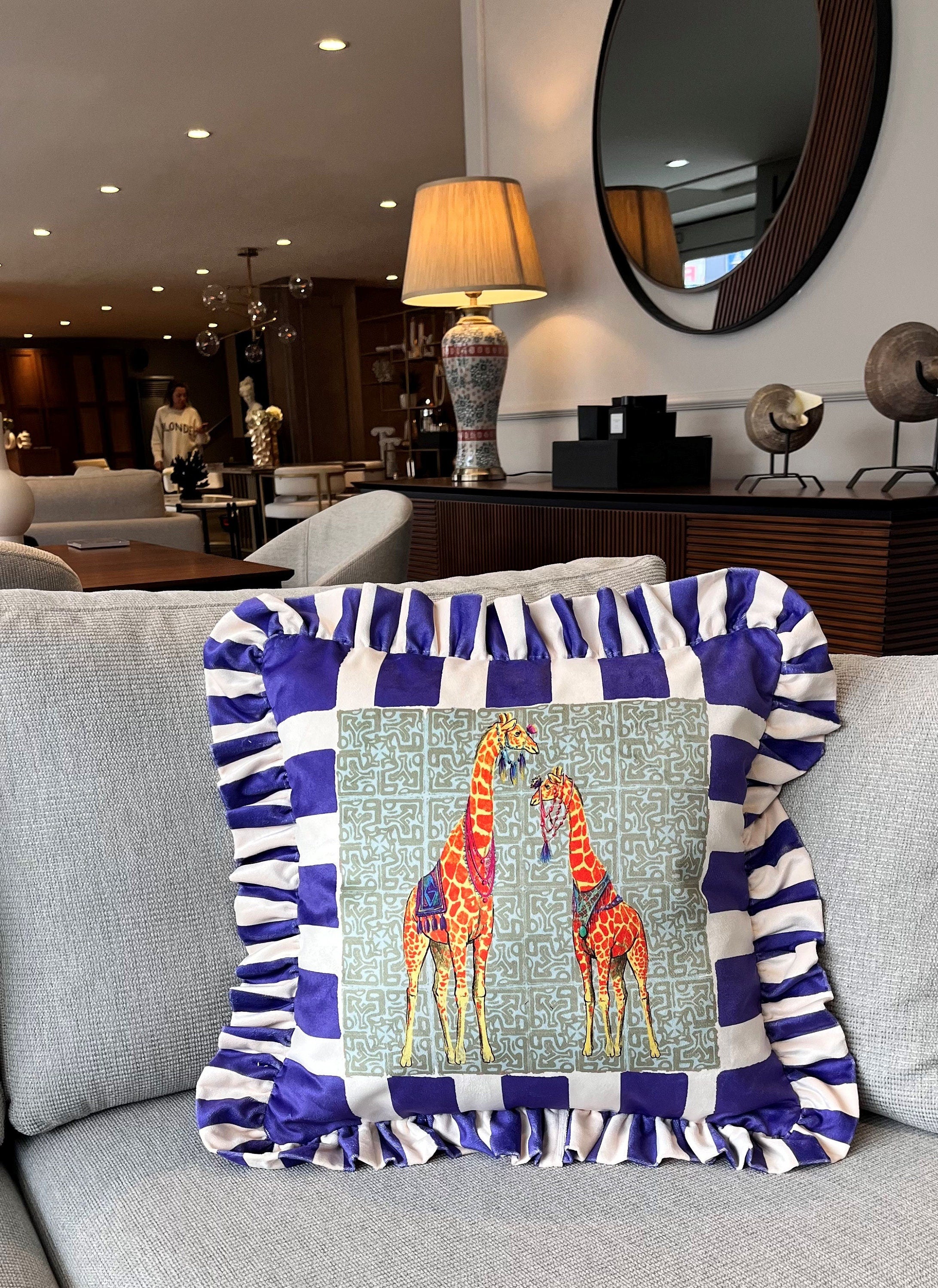 Giraffe Pattern Throw Pillow For Couch - Velvet Ruffled Cushion Cover - Blue Checkered Velvet Cushion - Animal Print Handmade Paintings