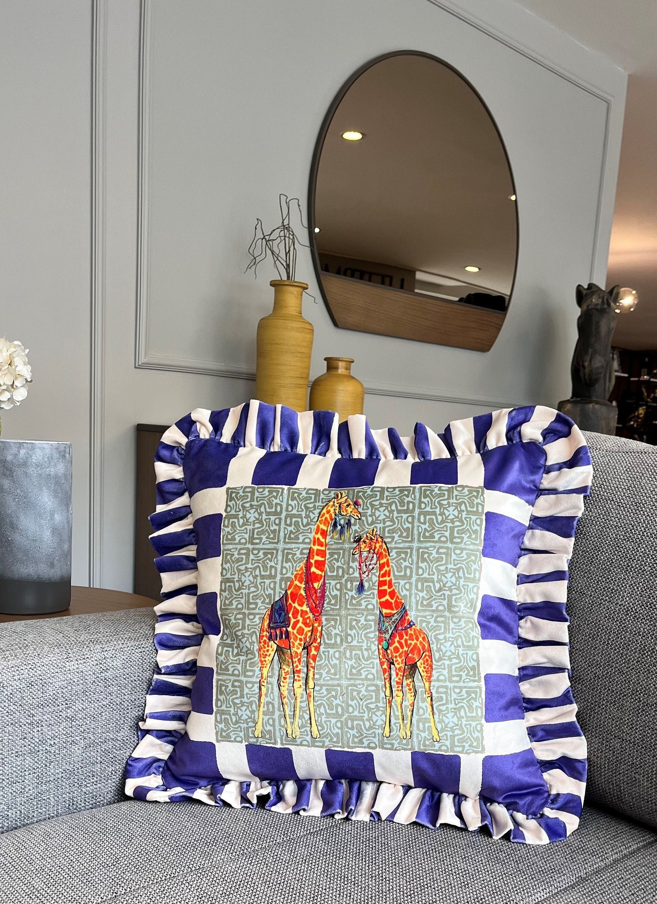 Giraffe Pattern Throw Pillow For Couch - Velvet Ruffled Cushion Cover - Blue Checkered Velvet Cushion - Animal Print Handmade Paintings