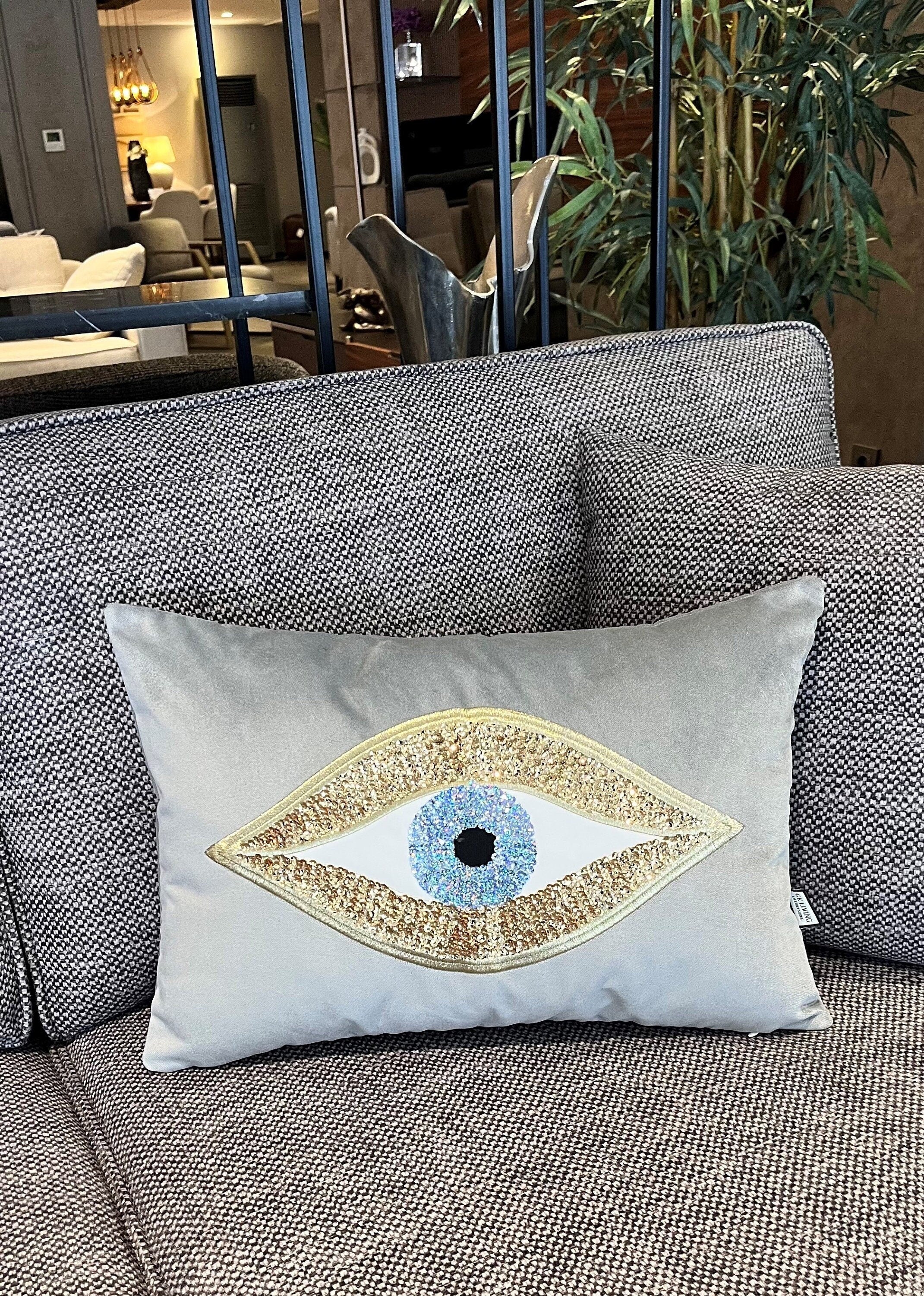 Gray Throw Pillow For Couch - Soft Velvet Cushion Cover - Gold Sequin Evil Eye Pattern - Unique Room Decor - Protection against Beady Eyes