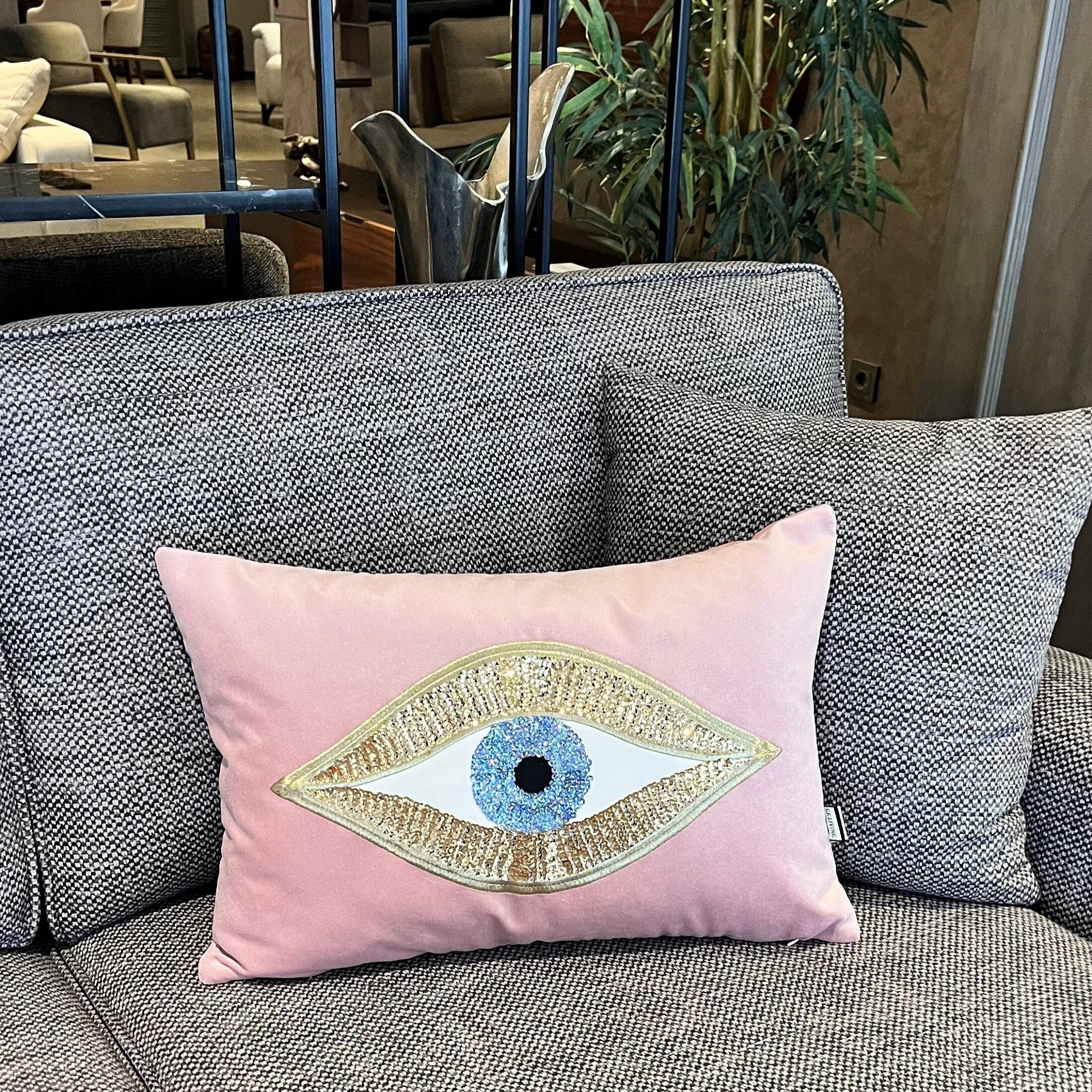 Pink Velvet Cushion Cover | Evil Eye Pattern Throw Pillow | Couch & Room Decor